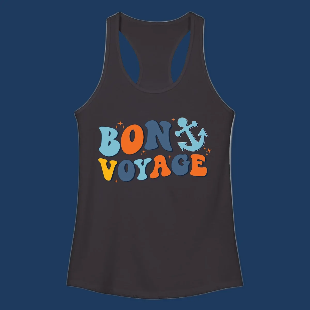Colorful 'Bon Voyage' text with anchor and stars on gray background, nautical cruise design