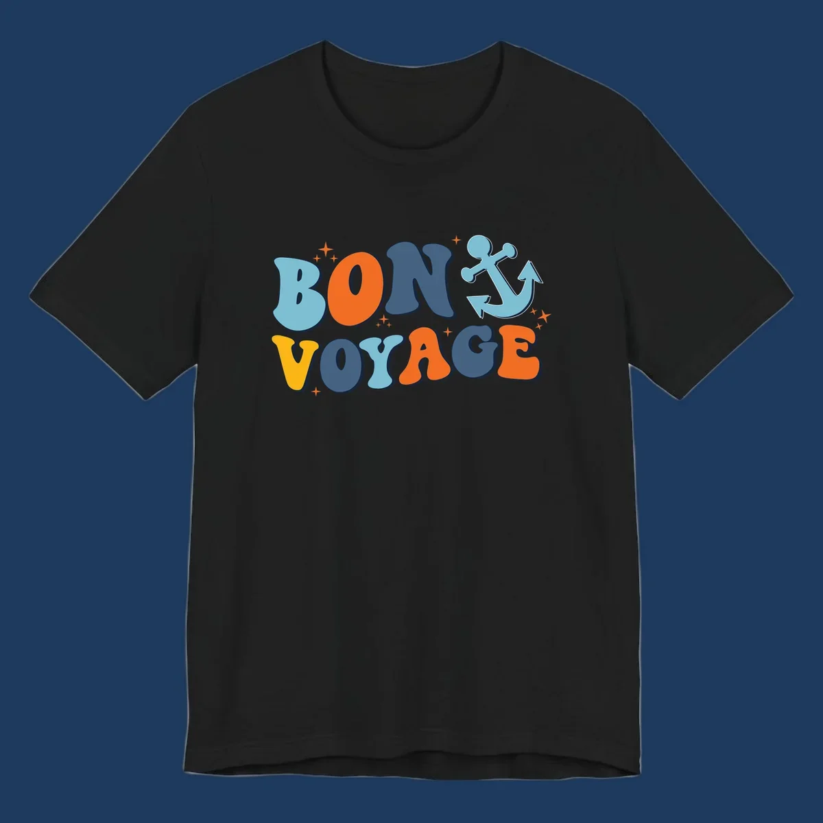Colorful 'Bon Voyage' text with anchor and stars on gray background, nautical cruise design