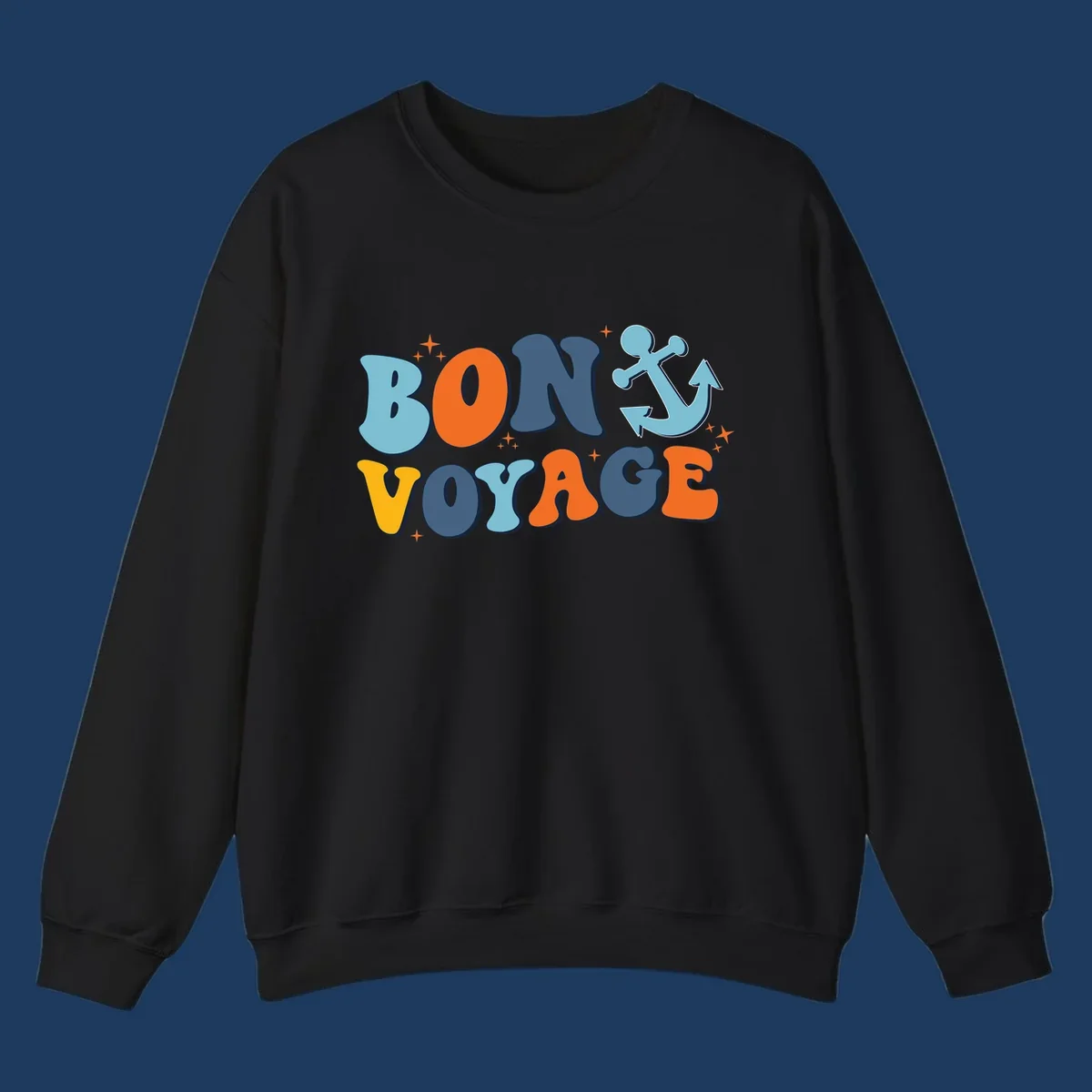 Colorful 'Bon Voyage' text with anchor and stars on gray background, nautical cruise design