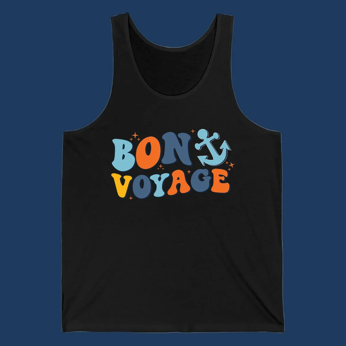 Colorful 'Bon Voyage' text with anchor and stars on gray background, nautical cruise design