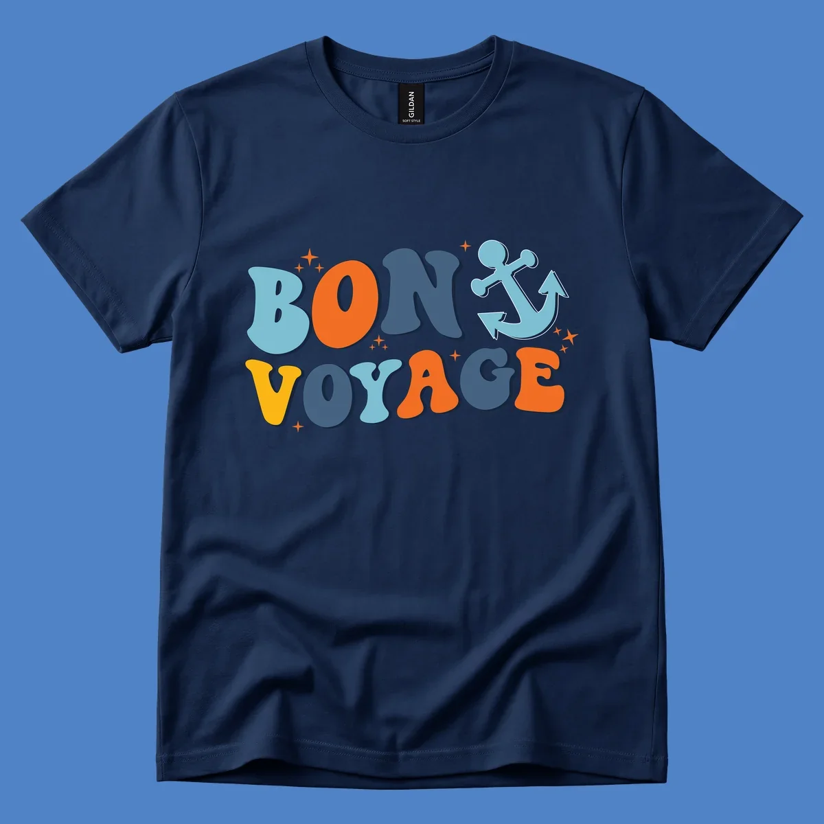 Colorful 'Bon Voyage' text with anchor and stars on gray background, nautical cruise design