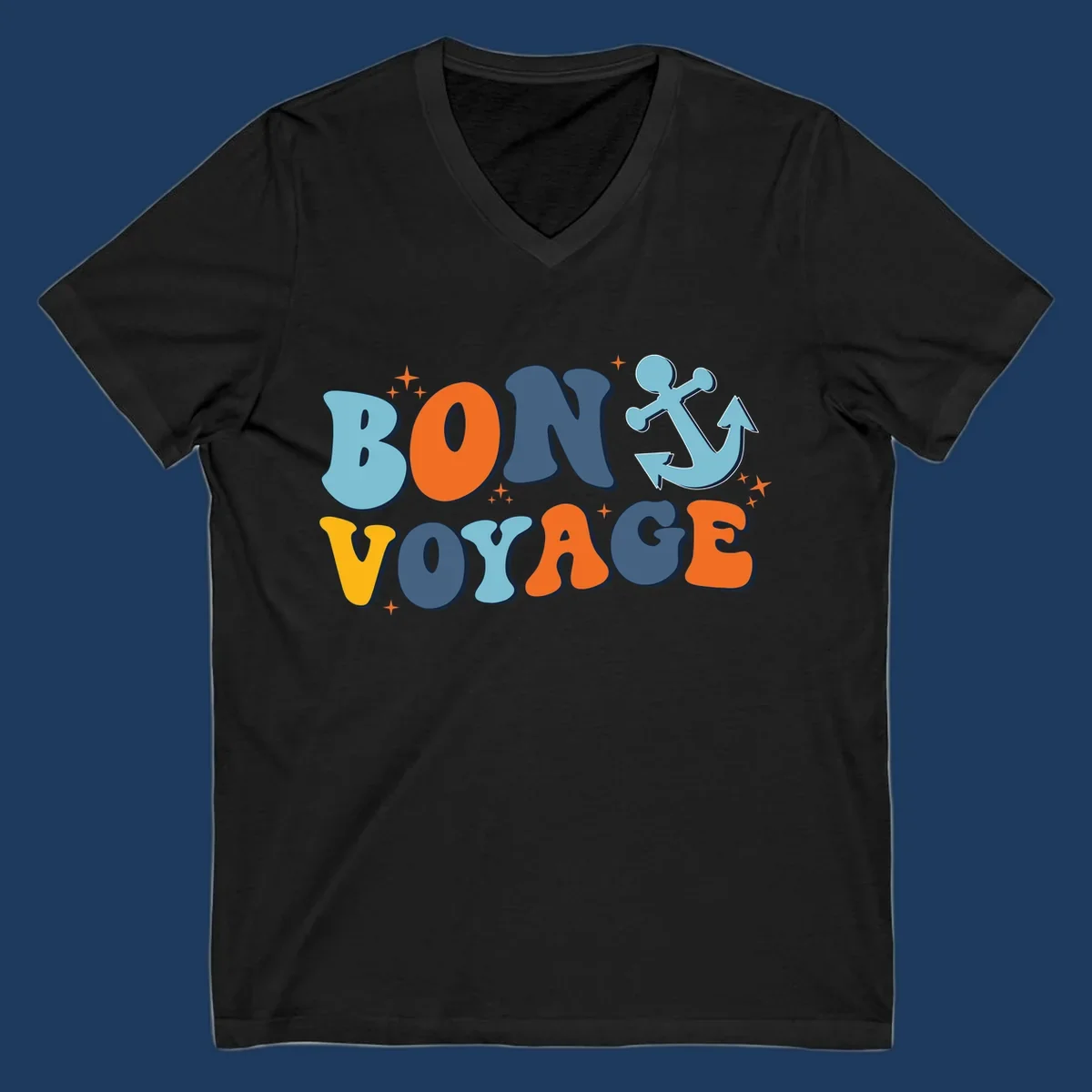 Colorful 'Bon Voyage' text with anchor and stars on gray background, nautical cruise design