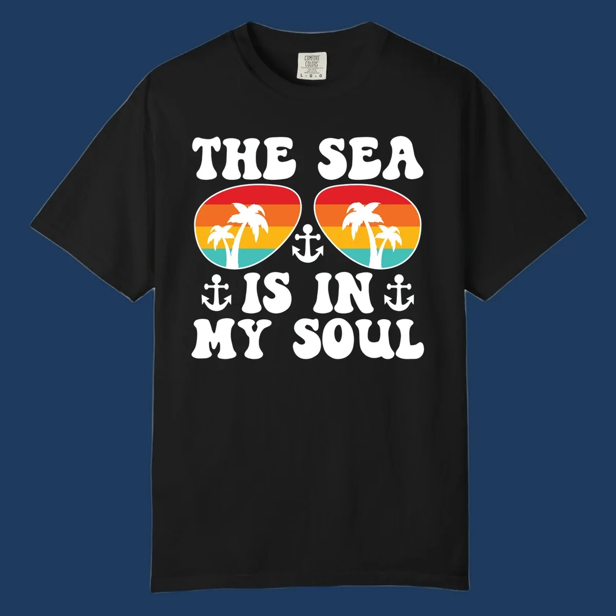 Sea in my soul cruise design with retro sunglasses filled with tropical sunset colors, palm trees, and anchor symbols