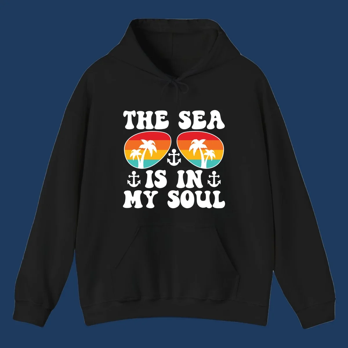 Sea in my soul cruise design with retro sunglasses filled with tropical sunset colors, palm trees, and anchor symbols