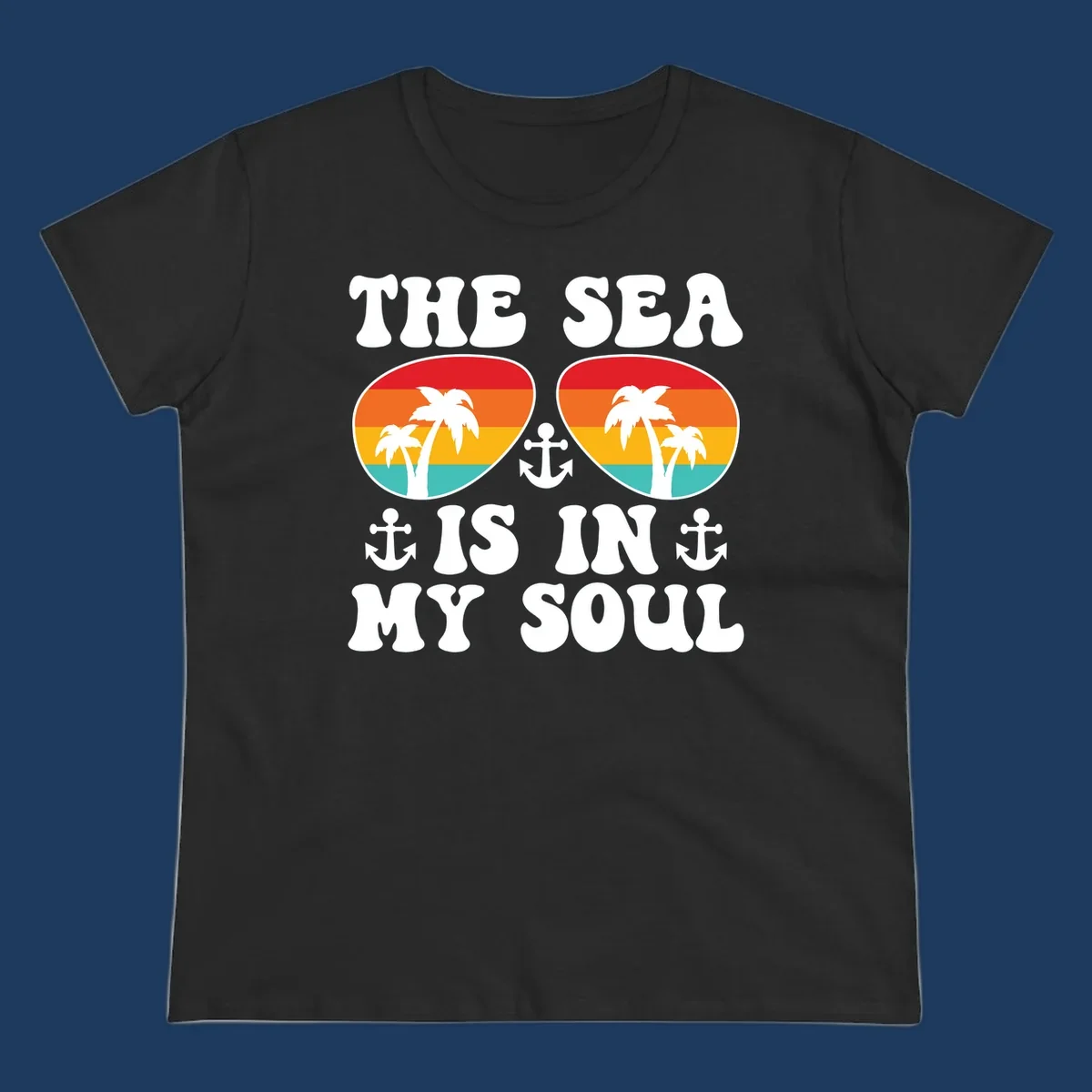 Sea in my soul cruise design with retro sunglasses filled with tropical sunset colors, palm trees, and anchor symbols