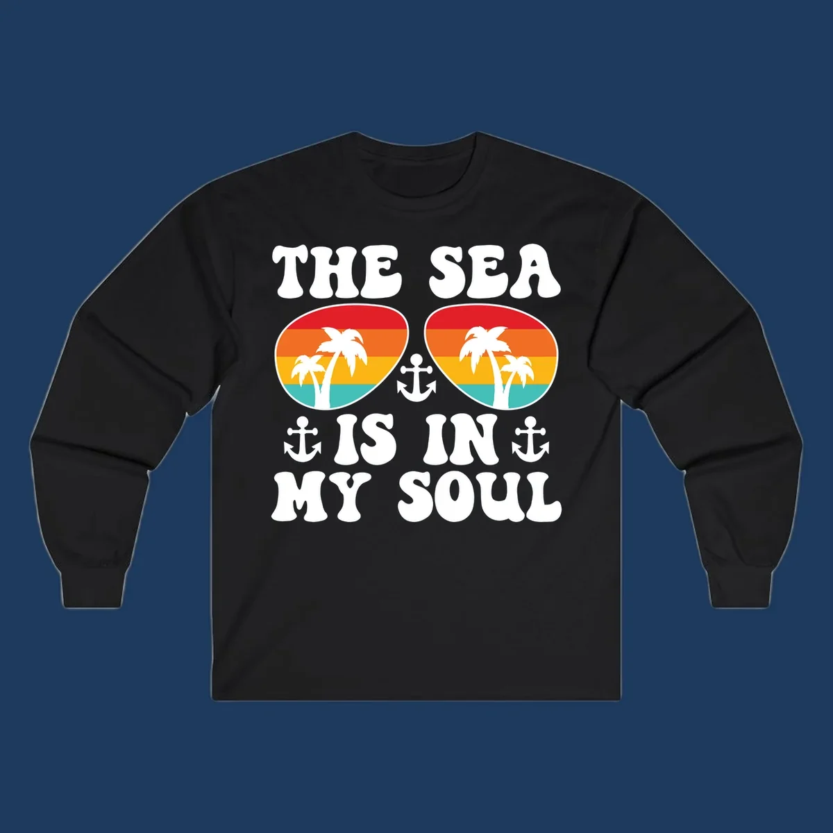 Sea in my soul cruise design with retro sunglasses filled with tropical sunset colors, palm trees, and anchor symbols