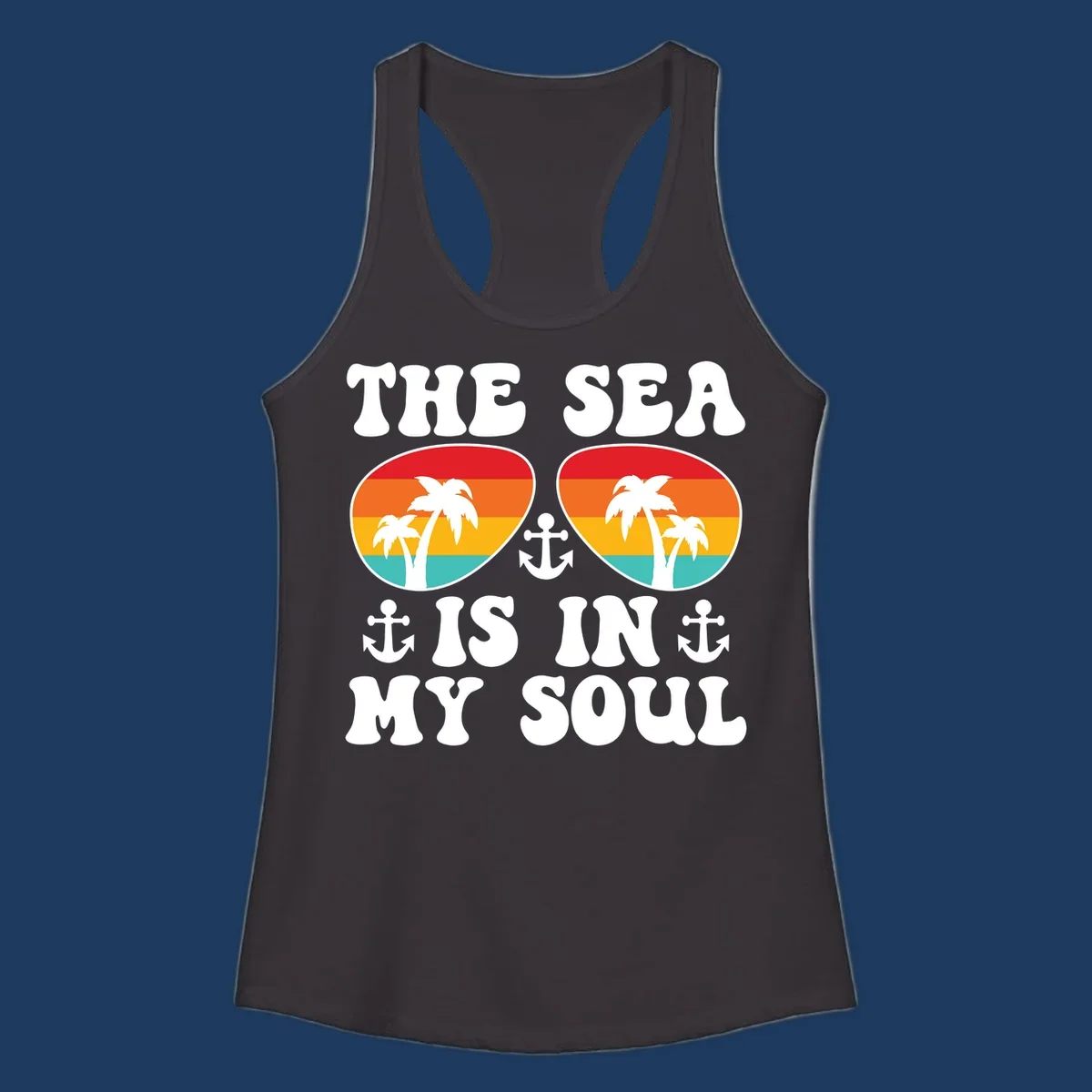 Sea in my soul cruise design with retro sunglasses filled with tropical sunset colors, palm trees, and anchor symbols