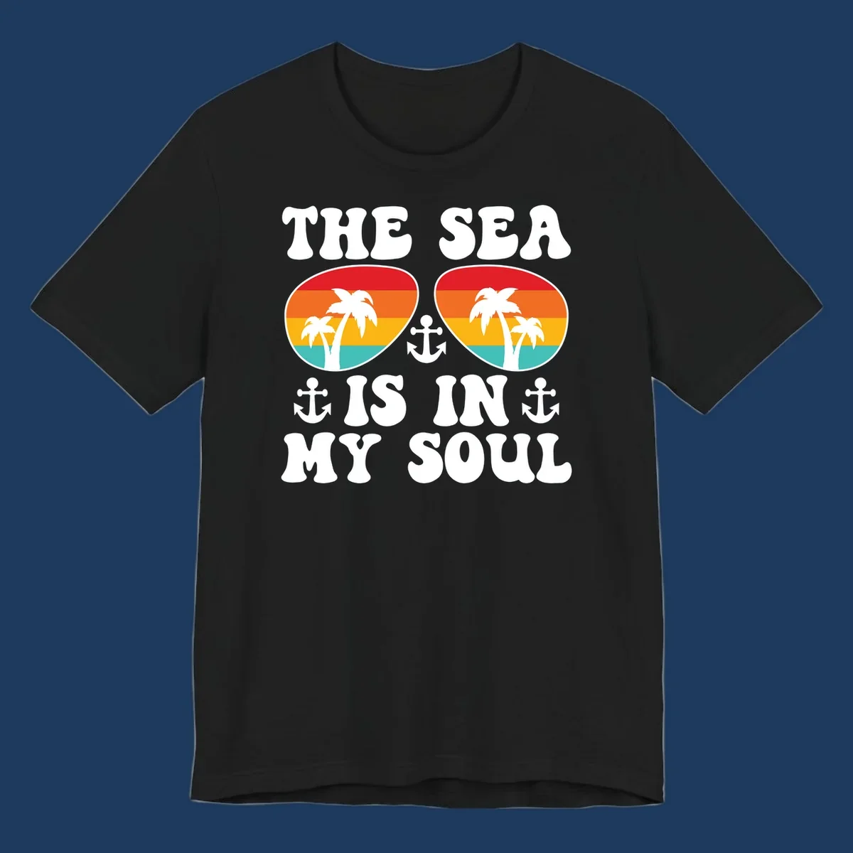 Sea in my soul cruise design with retro sunglasses filled with tropical sunset colors, palm trees, and anchor symbols