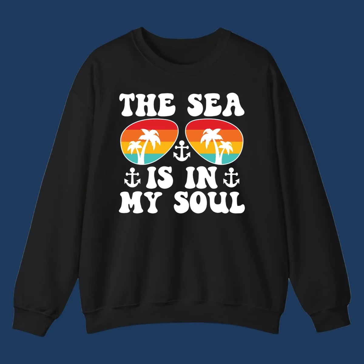 Sea in my soul cruise design with retro sunglasses filled with tropical sunset colors, palm trees, and anchor symbols