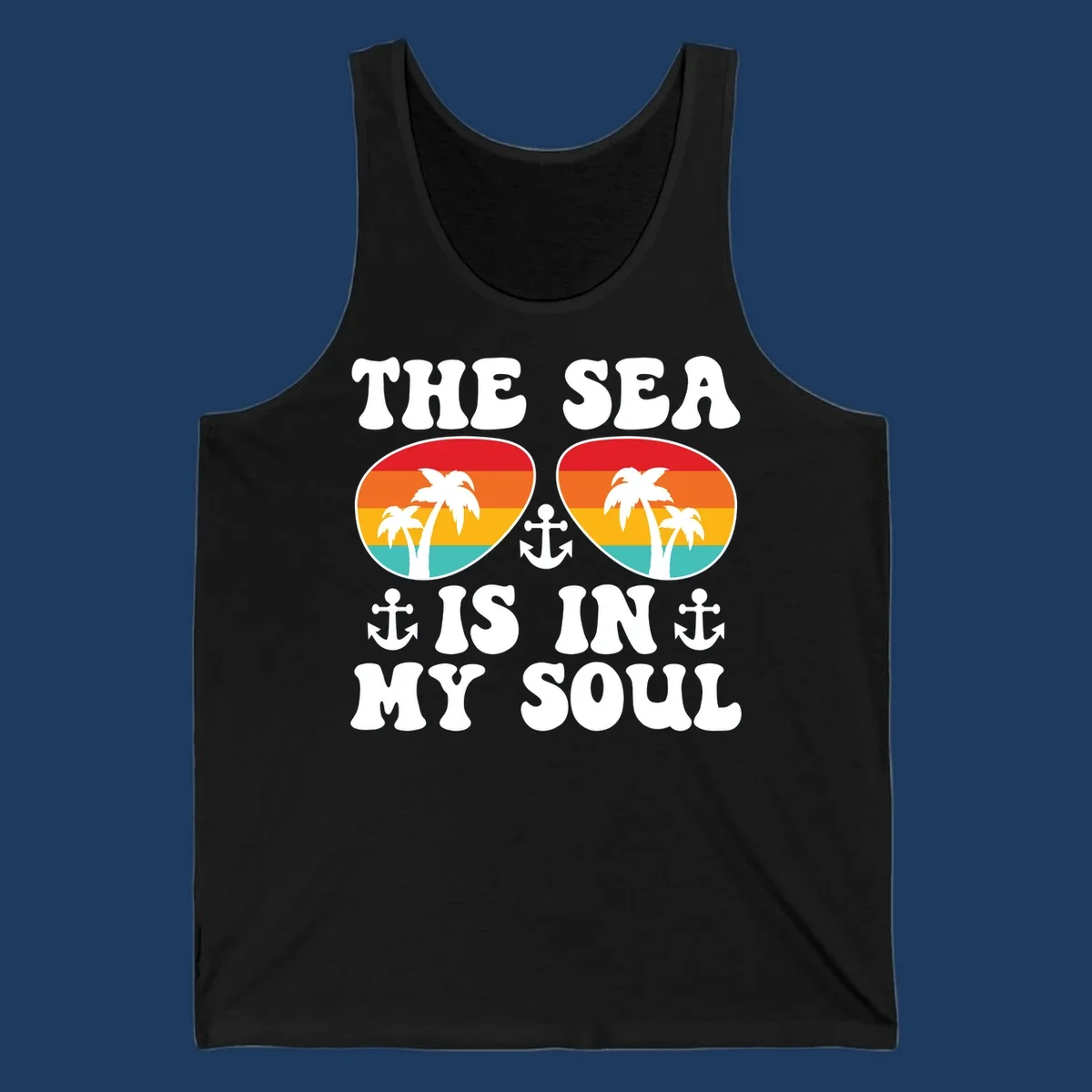 Sea in my soul cruise design with retro sunglasses filled with tropical sunset colors, palm trees, and anchor symbols