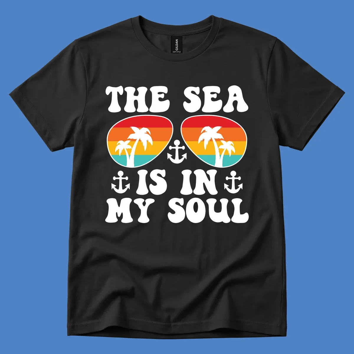 Sea in my soul cruise design with retro sunglasses filled with tropical sunset colors, palm trees, and anchor symbols