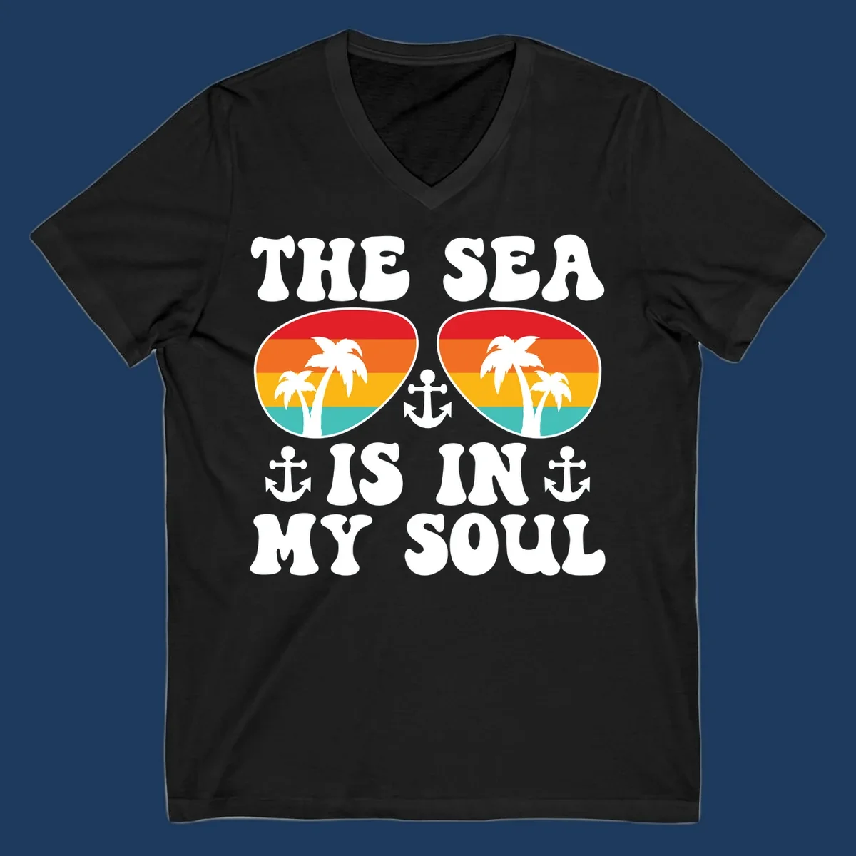 Sea in my soul cruise design with retro sunglasses filled with tropical sunset colors, palm trees, and anchor symbols