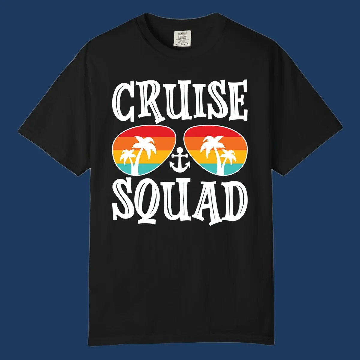 Cruise squad sunglasses design with rainbow stripes, palm trees, and anchor symbol on gray background