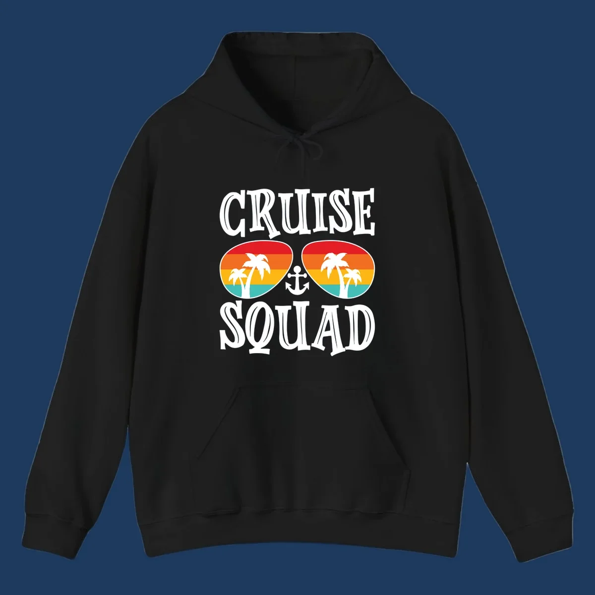 Cruise squad sunglasses design with rainbow stripes, palm trees, and anchor symbol on gray background