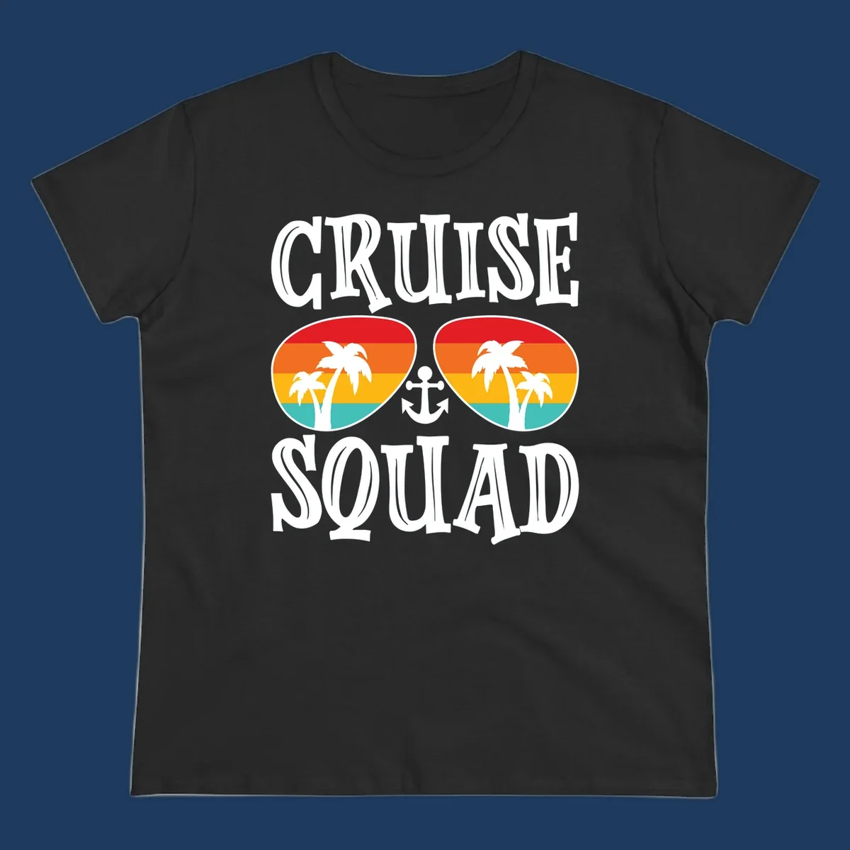Cruise squad sunglasses design with rainbow stripes, palm trees, and anchor symbol on gray background