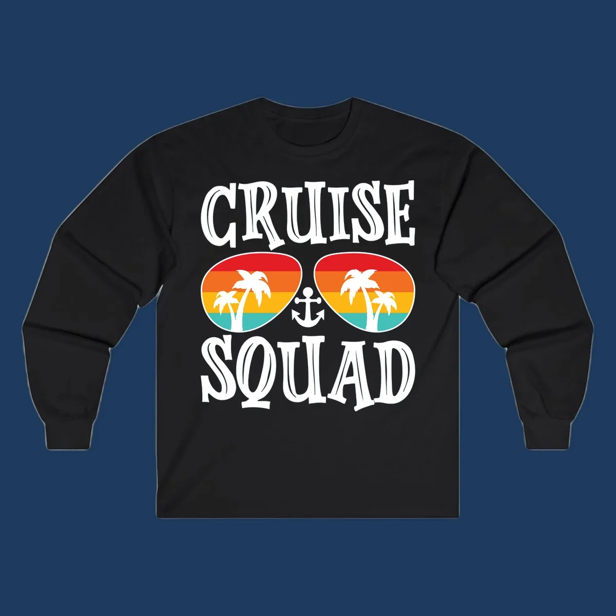 Cruise squad sunglasses design with rainbow stripes, palm trees, and anchor symbol on gray background