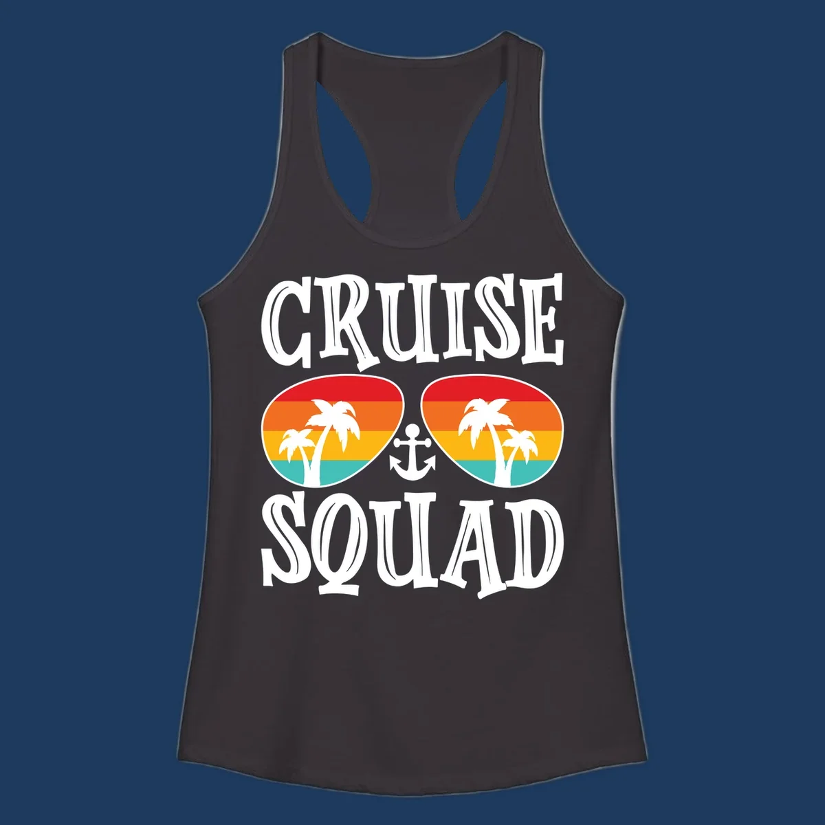 Cruise squad sunglasses design with rainbow stripes, palm trees, and anchor symbol on gray background