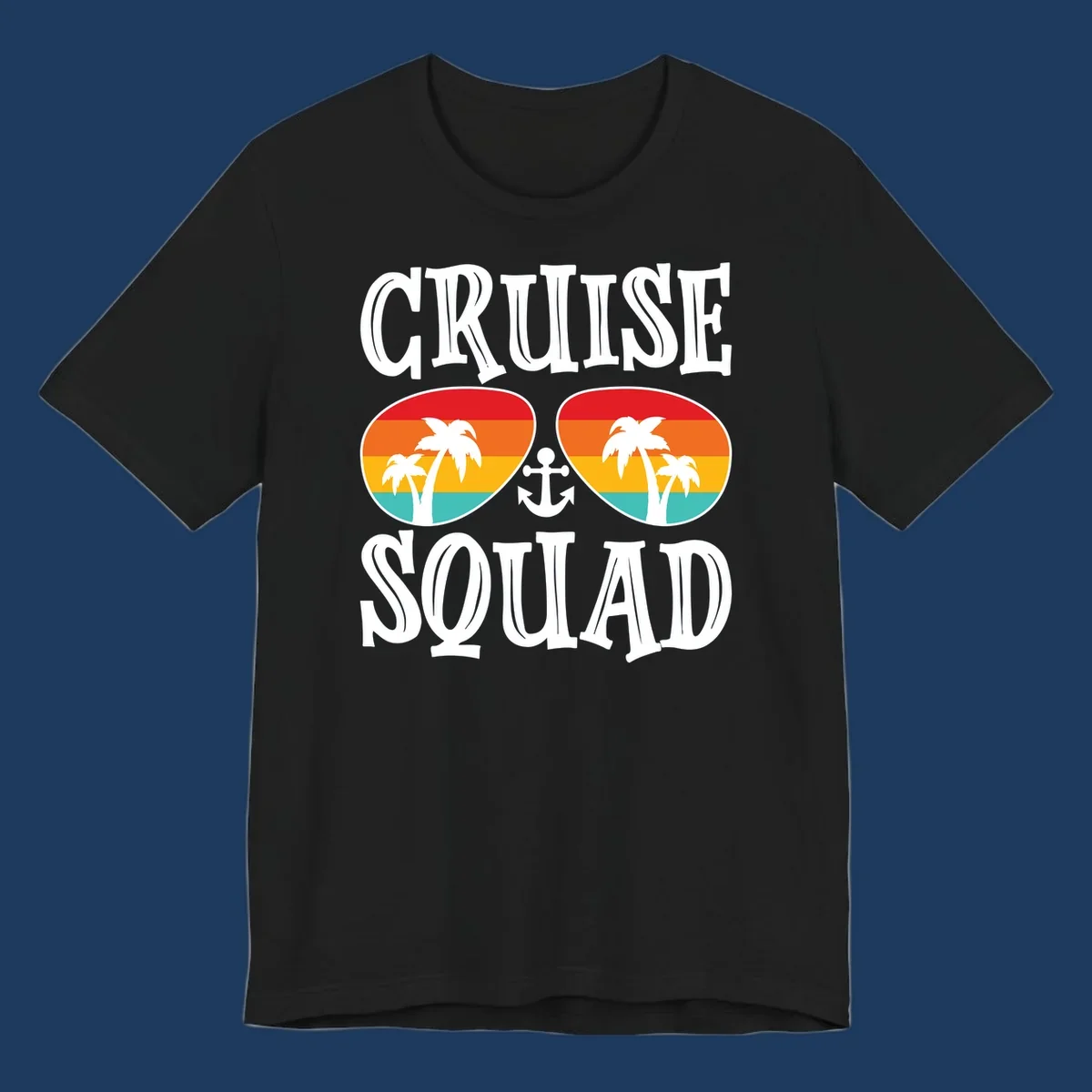 Cruise squad sunglasses design with rainbow stripes, palm trees, and anchor symbol on gray background