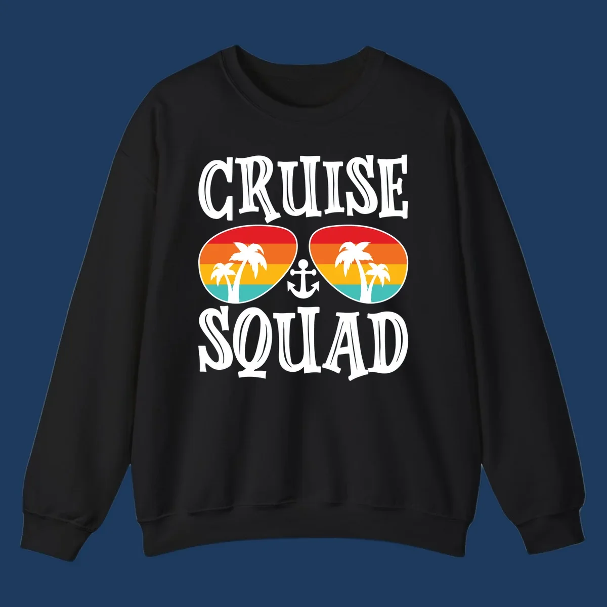 Cruise squad sunglasses design with rainbow stripes, palm trees, and anchor symbol on gray background