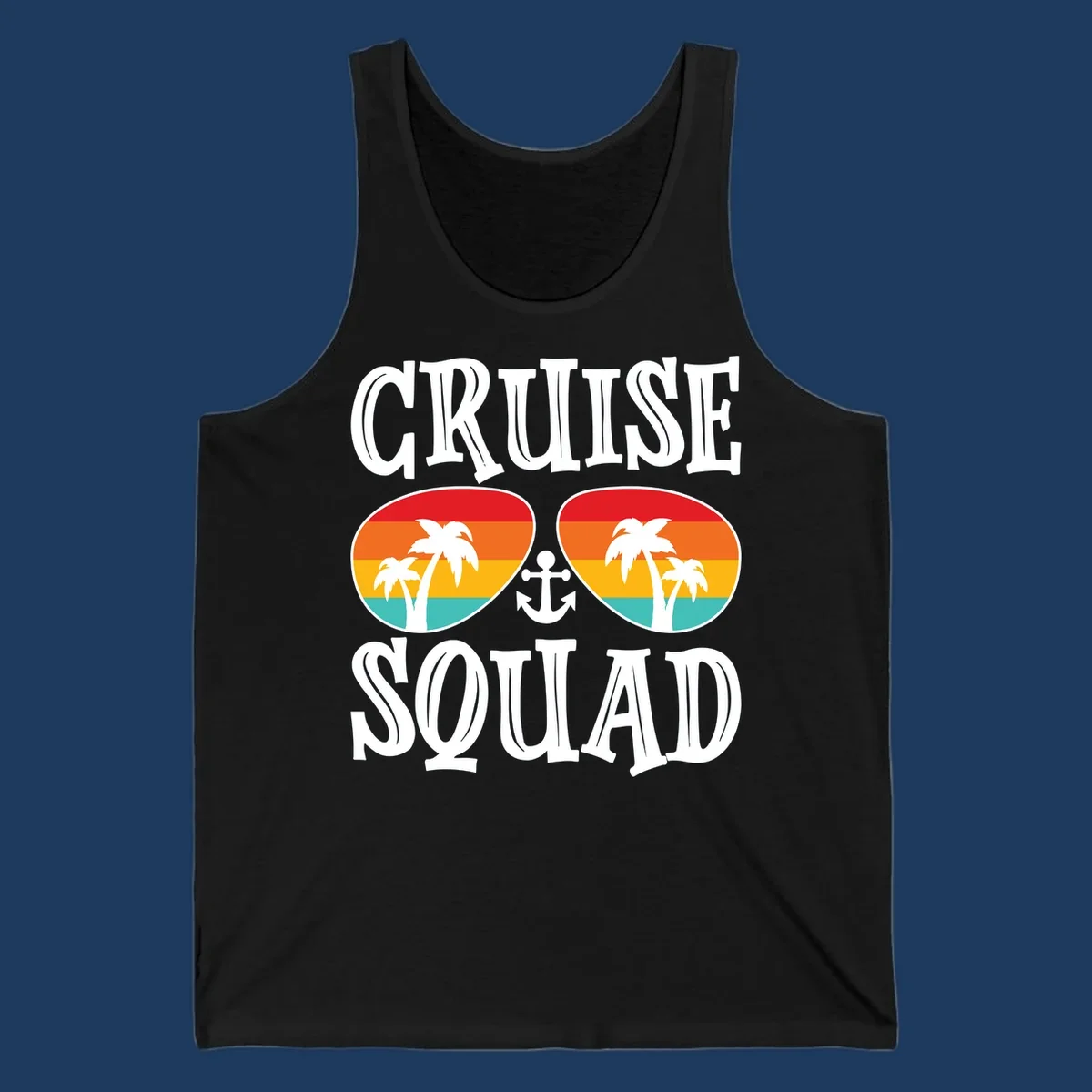 Cruise squad sunglasses design with rainbow stripes, palm trees, and anchor symbol on gray background