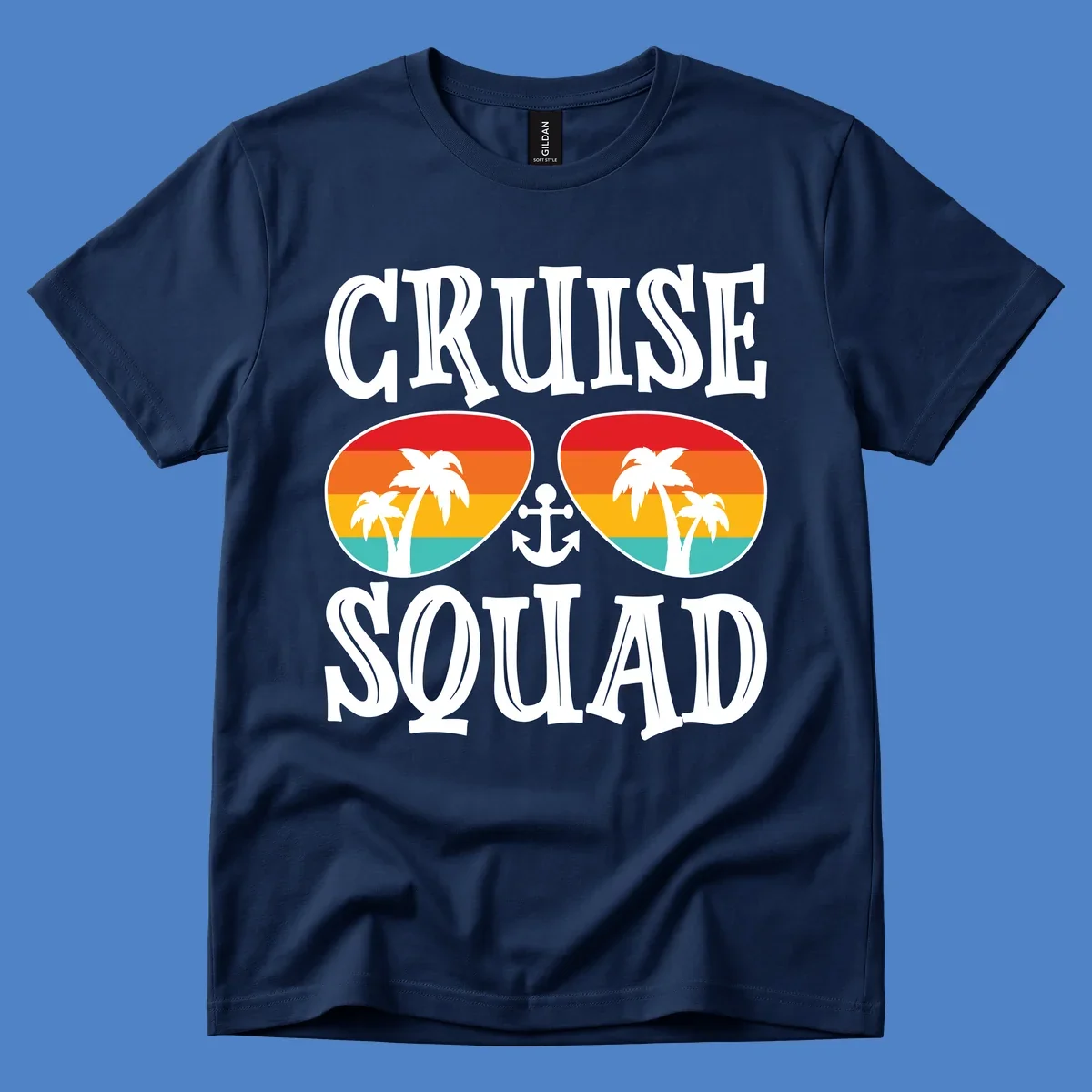 Cruise squad sunglasses design with rainbow stripes, palm trees, and anchor symbol on gray background