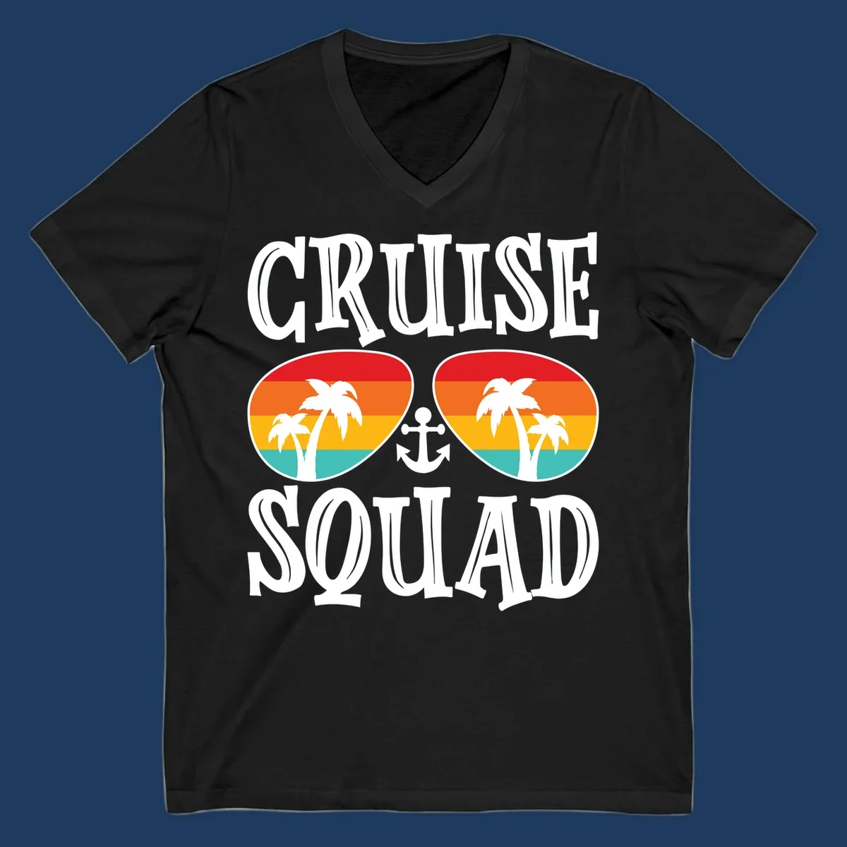 Cruise squad sunglasses design with rainbow stripes, palm trees, and anchor symbol on gray background