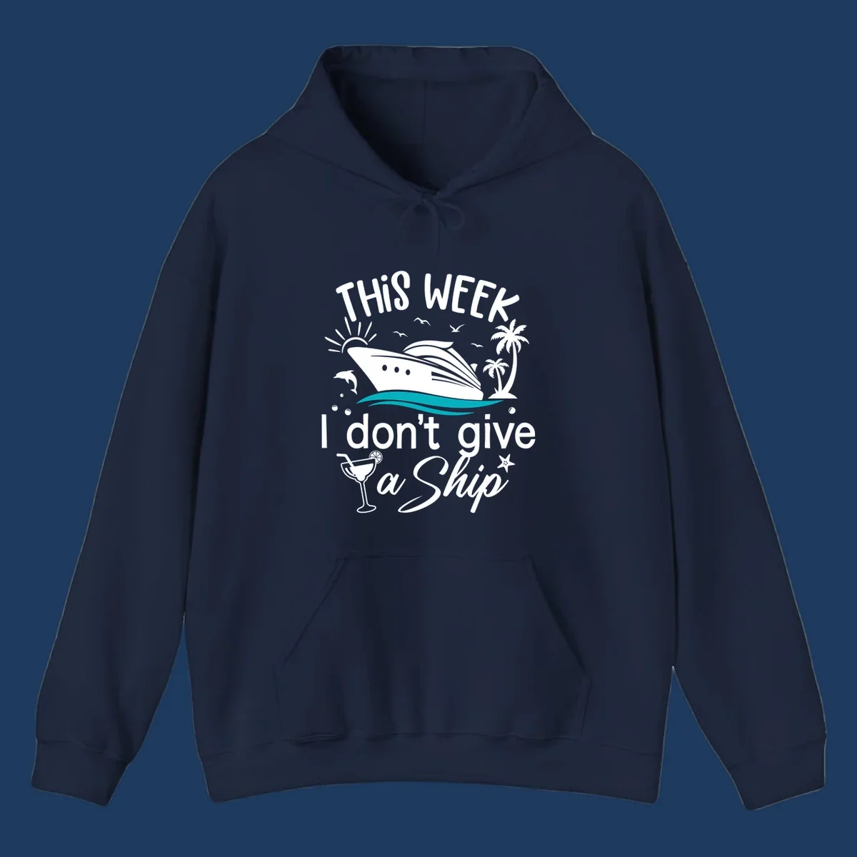 Cruise ship with palm trees and ocean waves illustration with text 'This Week I Don't Give A Ship' - funny vacation design