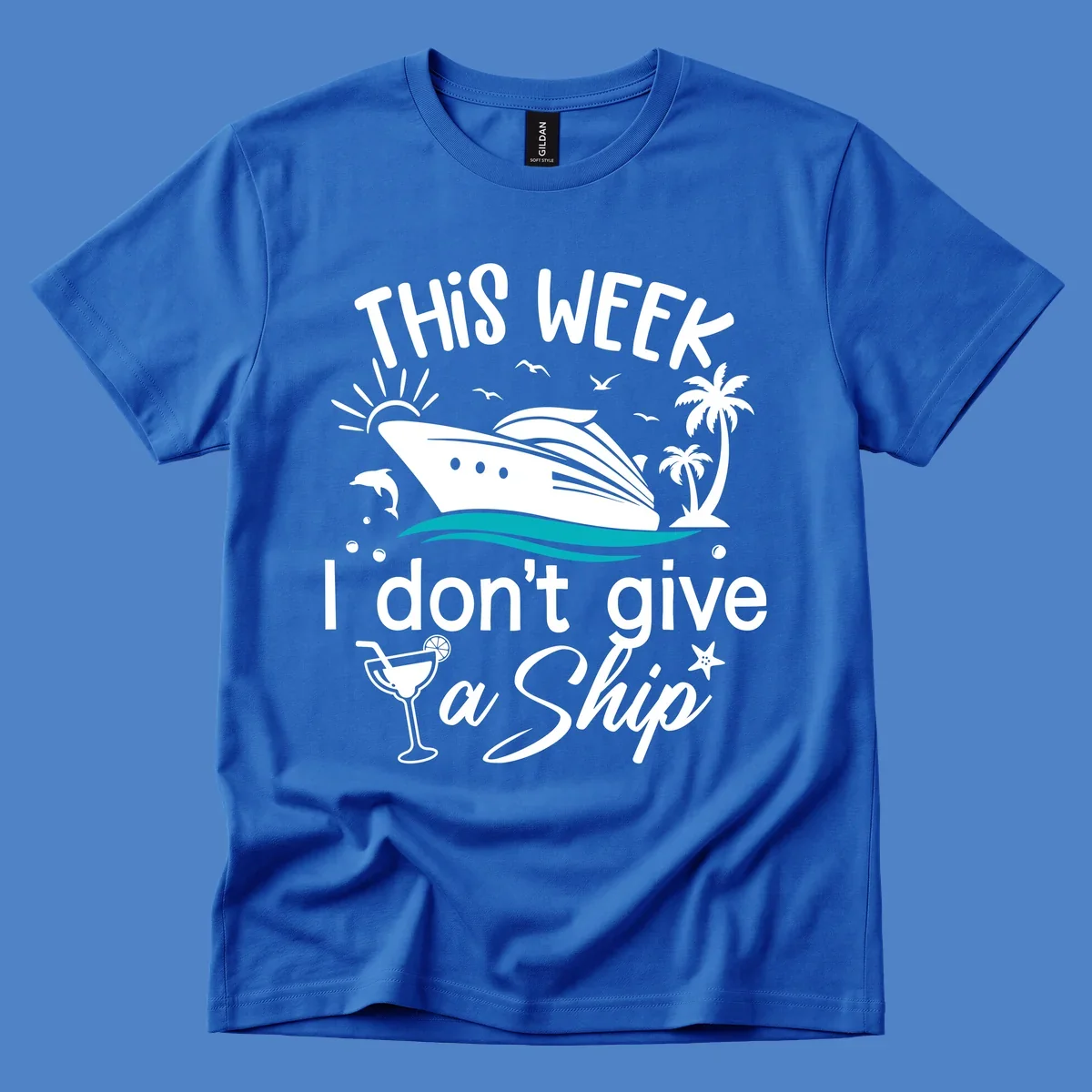 Cruise ship with palm trees and ocean waves illustration with text 'This Week I Don't Give A Ship' - funny vacation design