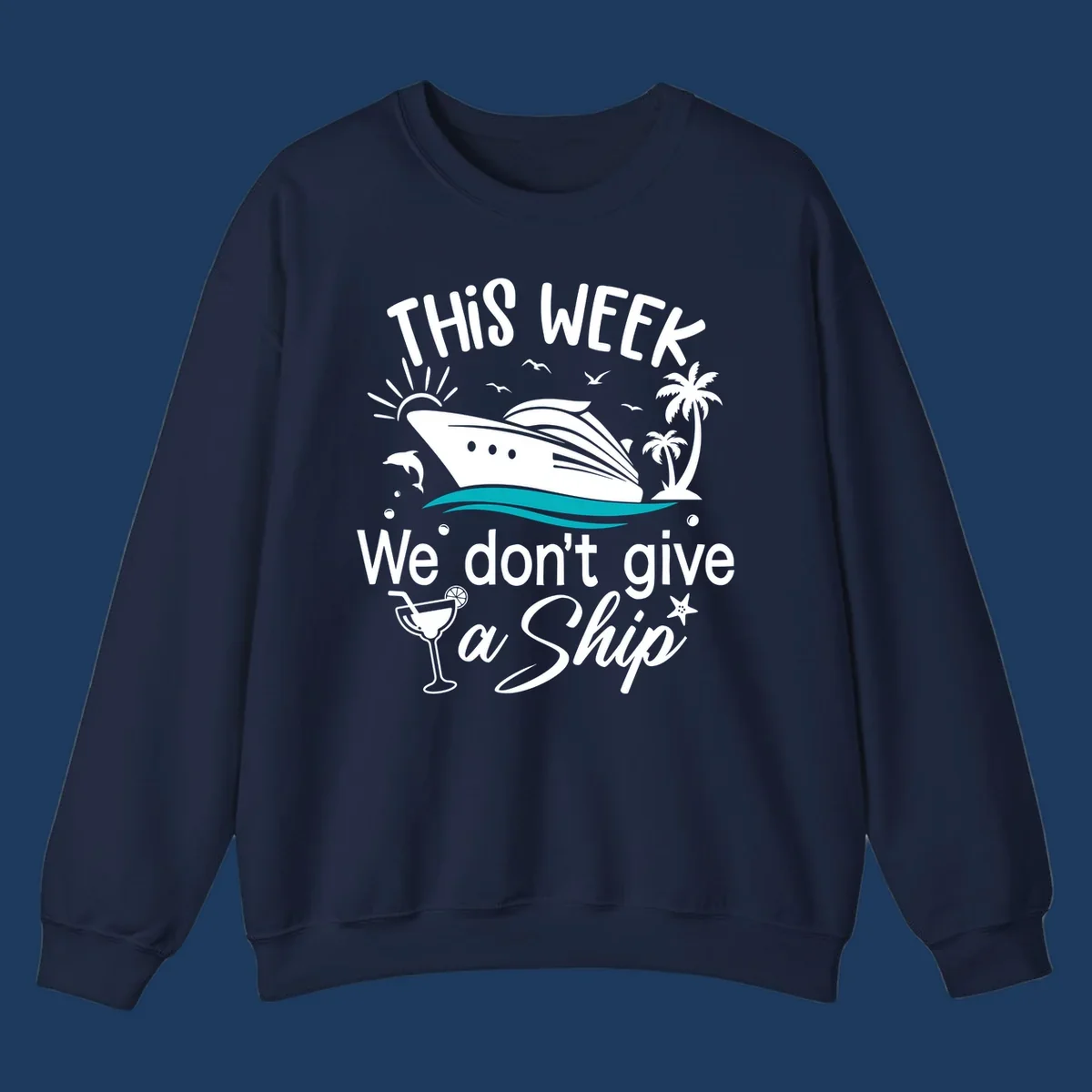 Playful cruise ship illustration with tropical palms and ocean waves, featuring text 'We don't give a ship' for vacation humor