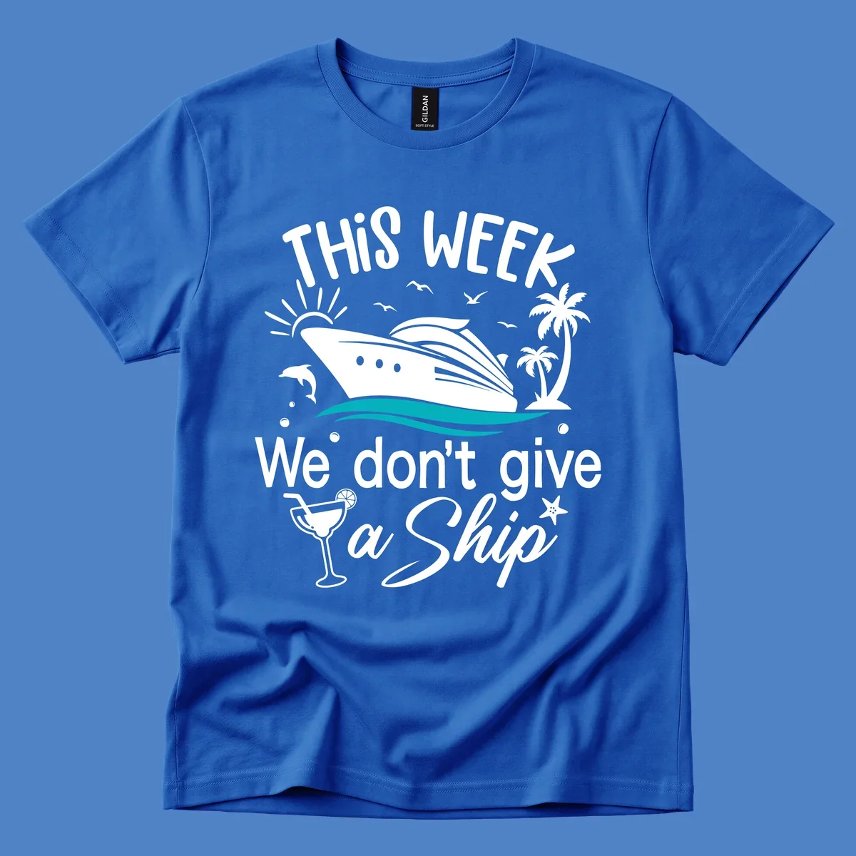 Playful cruise ship illustration with tropical palms and ocean waves, featuring text 'We don't give a ship' for vacation humor