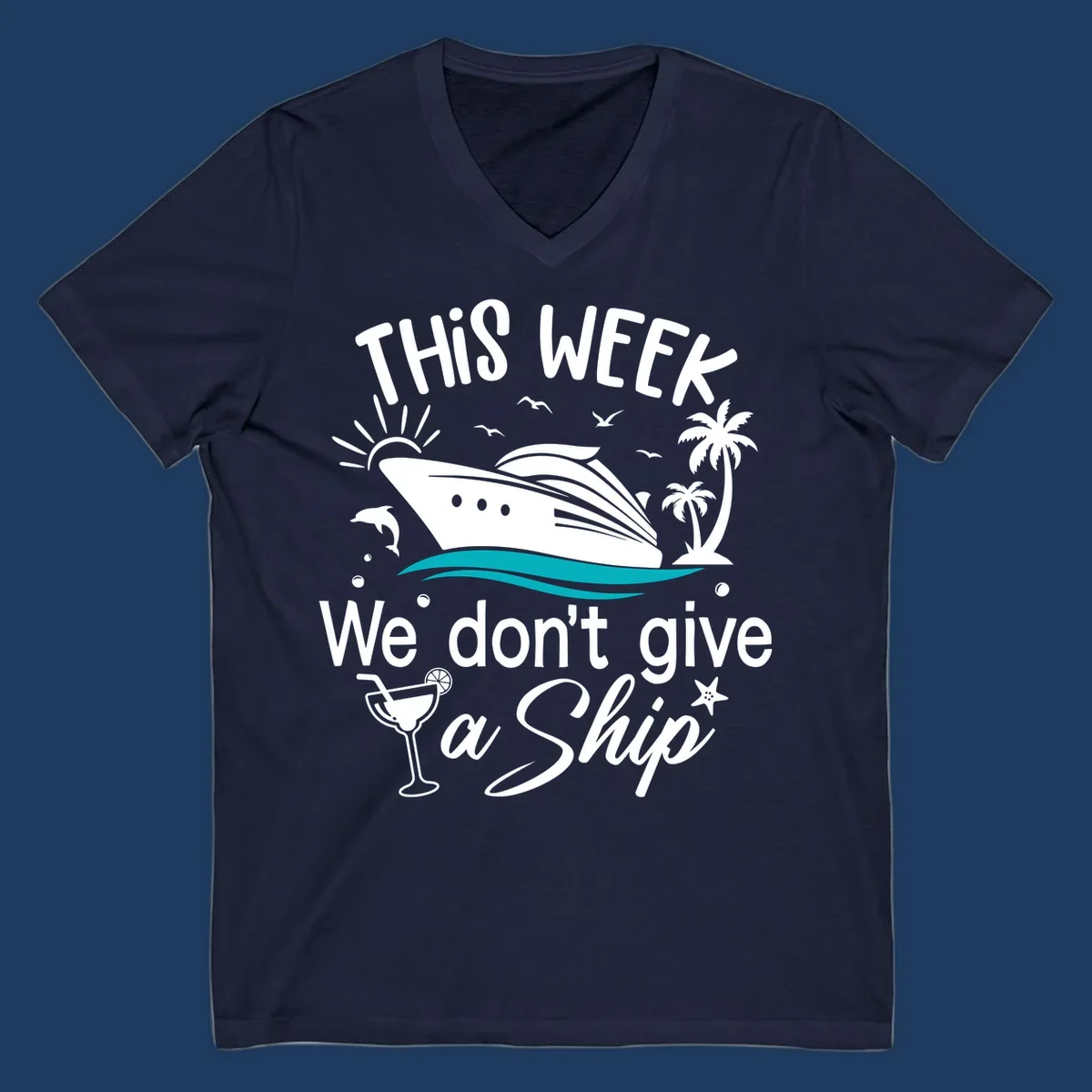 Playful cruise ship illustration with tropical palms and ocean waves, featuring text 'We don't give a ship' for vacation humor