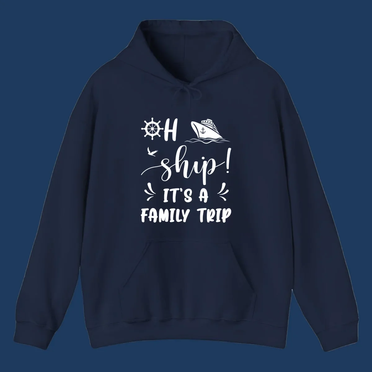 Nautical design with ship wheel, cruise ship, seagull, and 'Ahoy Ship It's A Family Trip' text in white on gray background