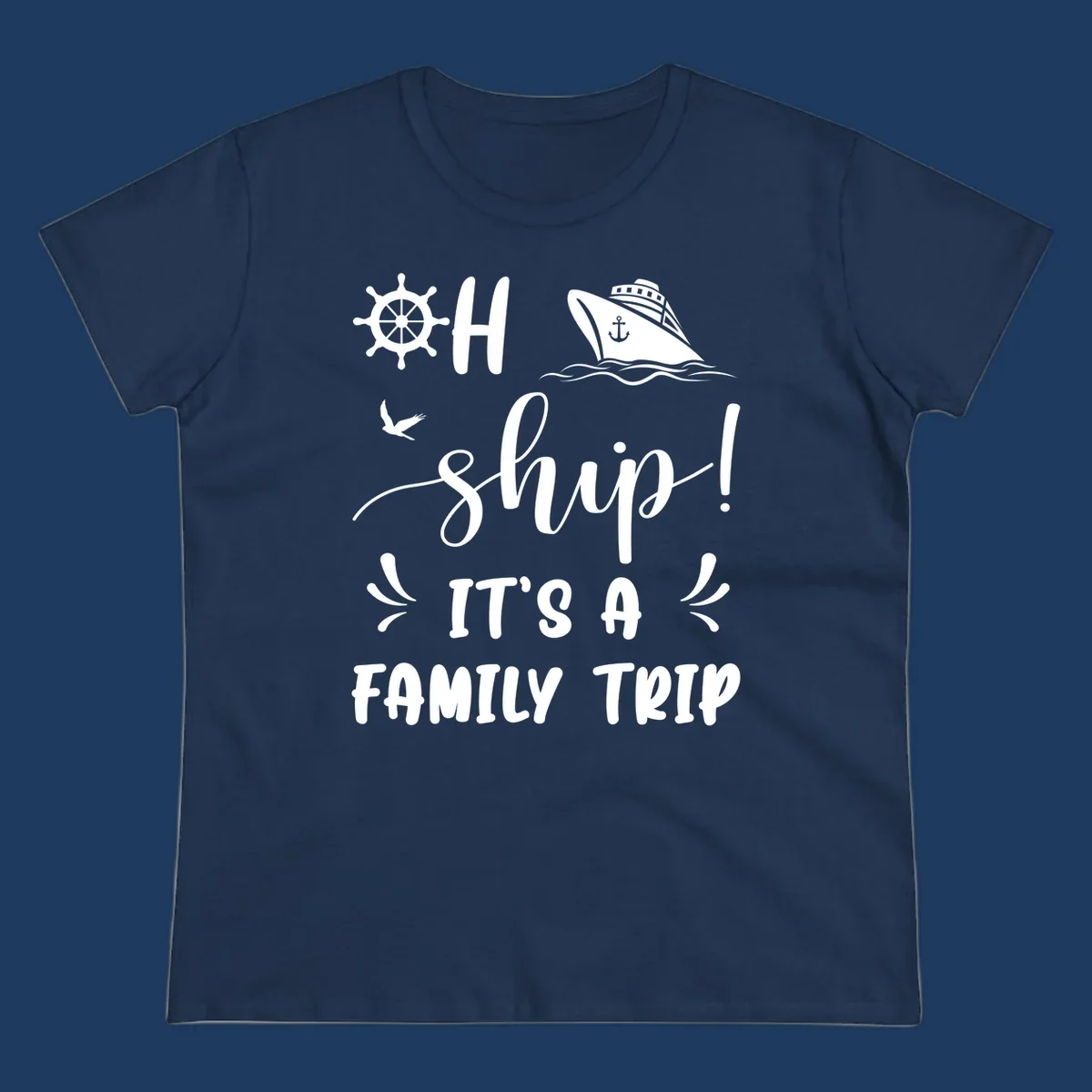 Nautical design with ship wheel, cruise ship, seagull, and 'Ahoy Ship It's A Family Trip' text in white on gray background