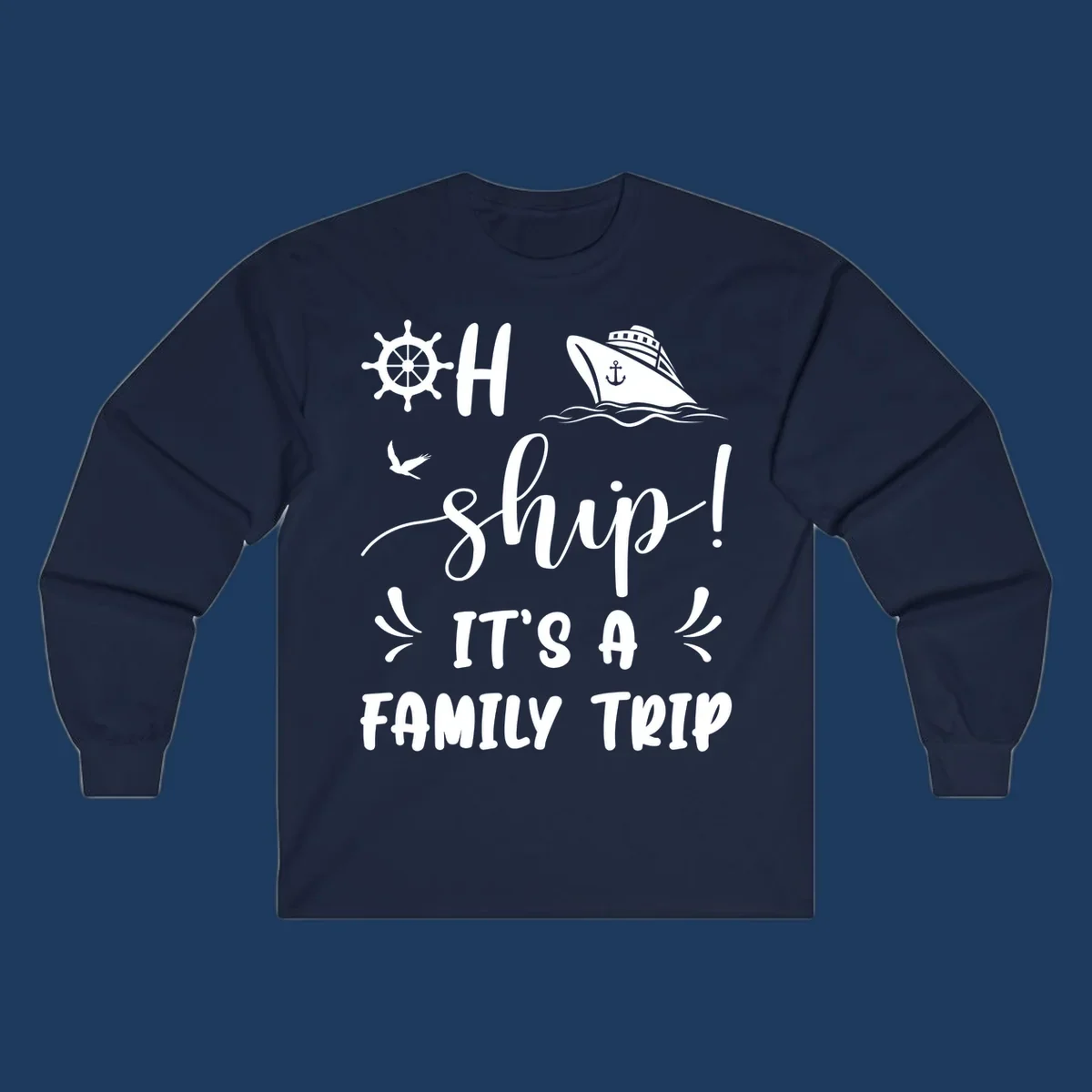 Nautical design with ship wheel, cruise ship, seagull, and 'Ahoy Ship It's A Family Trip' text in white on gray background