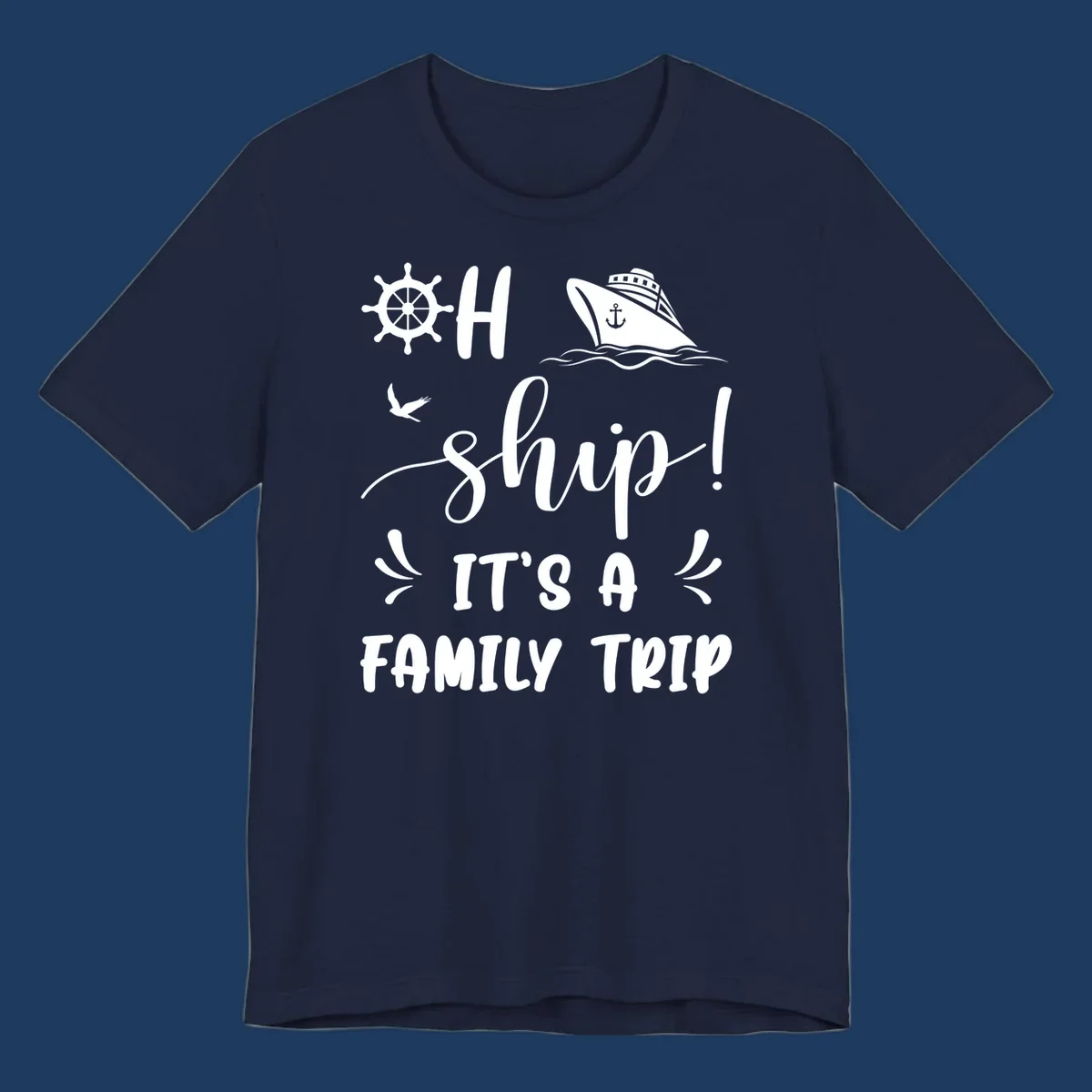 Nautical design with ship wheel, cruise ship, seagull, and 'Ahoy Ship It's A Family Trip' text in white on gray background