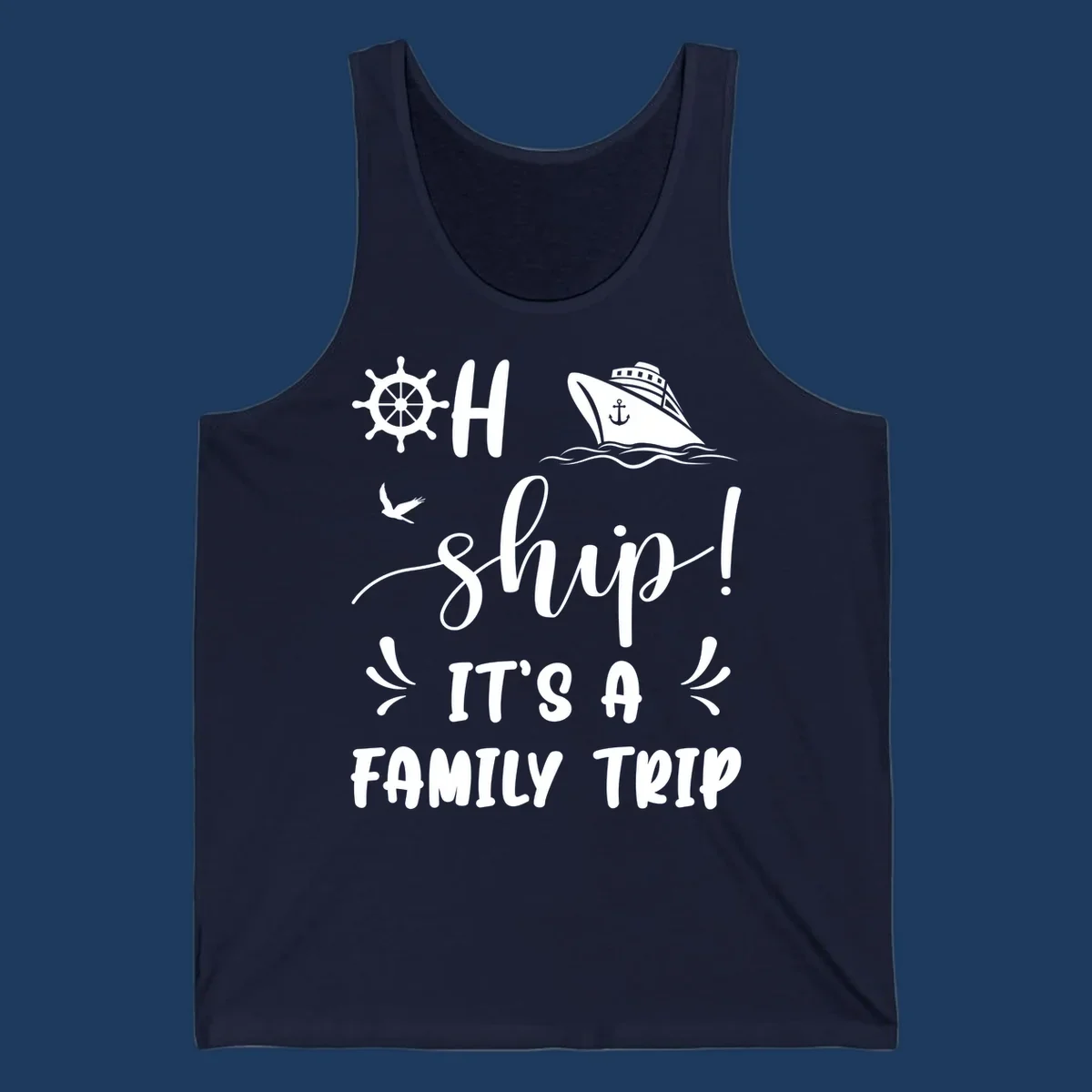 Nautical design with ship wheel, cruise ship, seagull, and 'Ahoy Ship It's A Family Trip' text in white on gray background