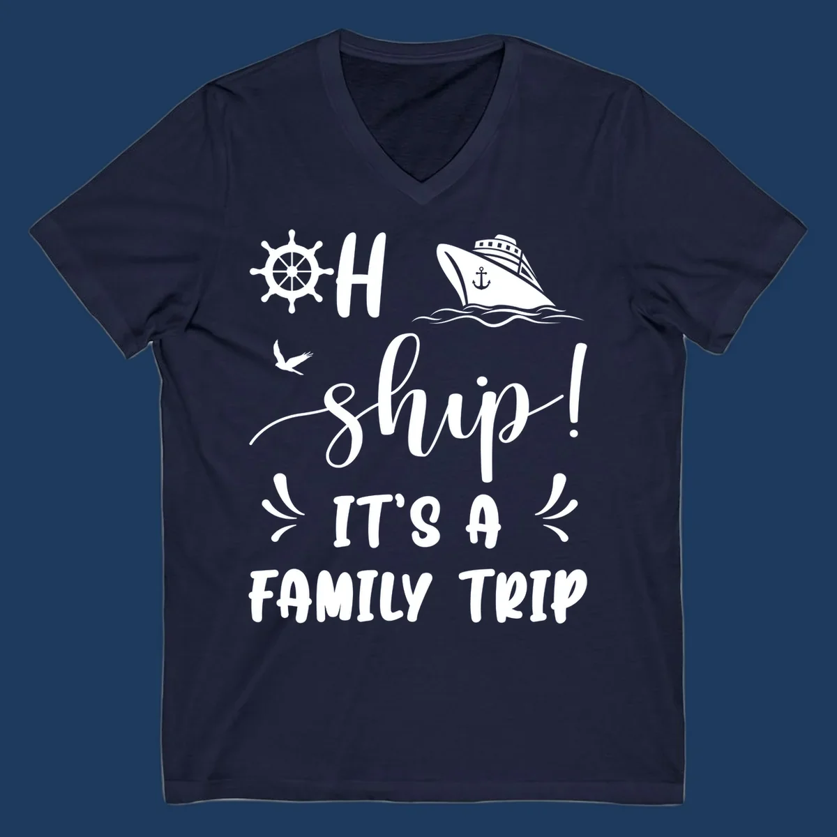Nautical design with ship wheel, cruise ship, seagull, and 'Ahoy Ship It's A Family Trip' text in white on gray background