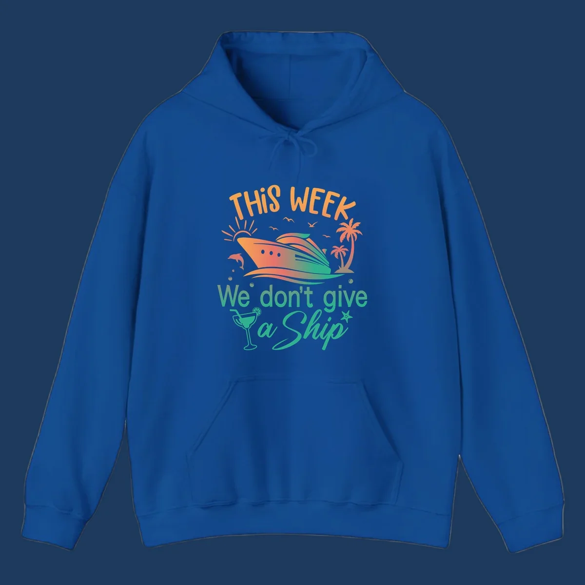 Colorful cruise ship illustration with tropical palm trees, sun, and text reading 'This Week We Don't Give A Ship' - don't-give-a-ship-cruise design