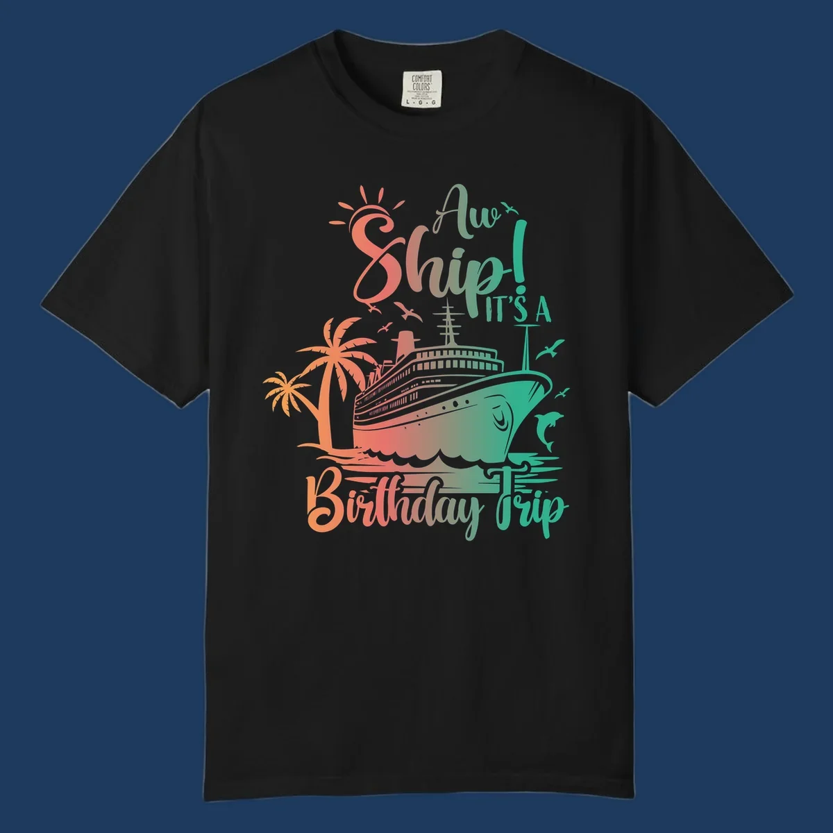 Cruise ship birthday trip design with tropical palm trees, sailing vessel, and playful text in coral and teal colors