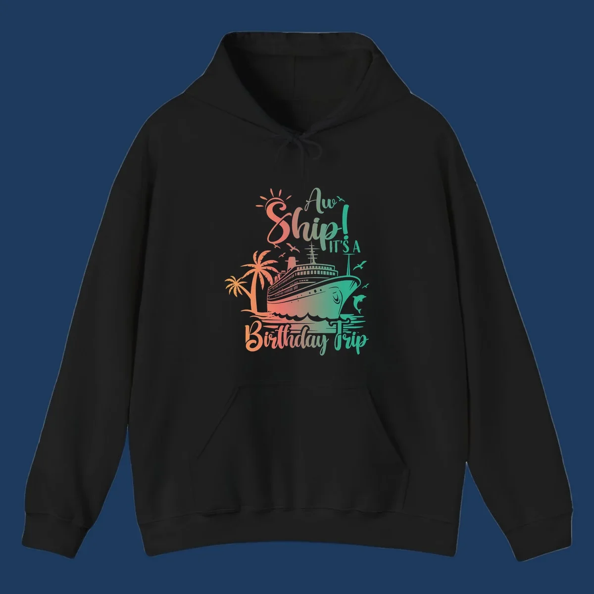 Cruise ship birthday trip design with tropical palm trees, sailing vessel, and playful text in coral and teal colors