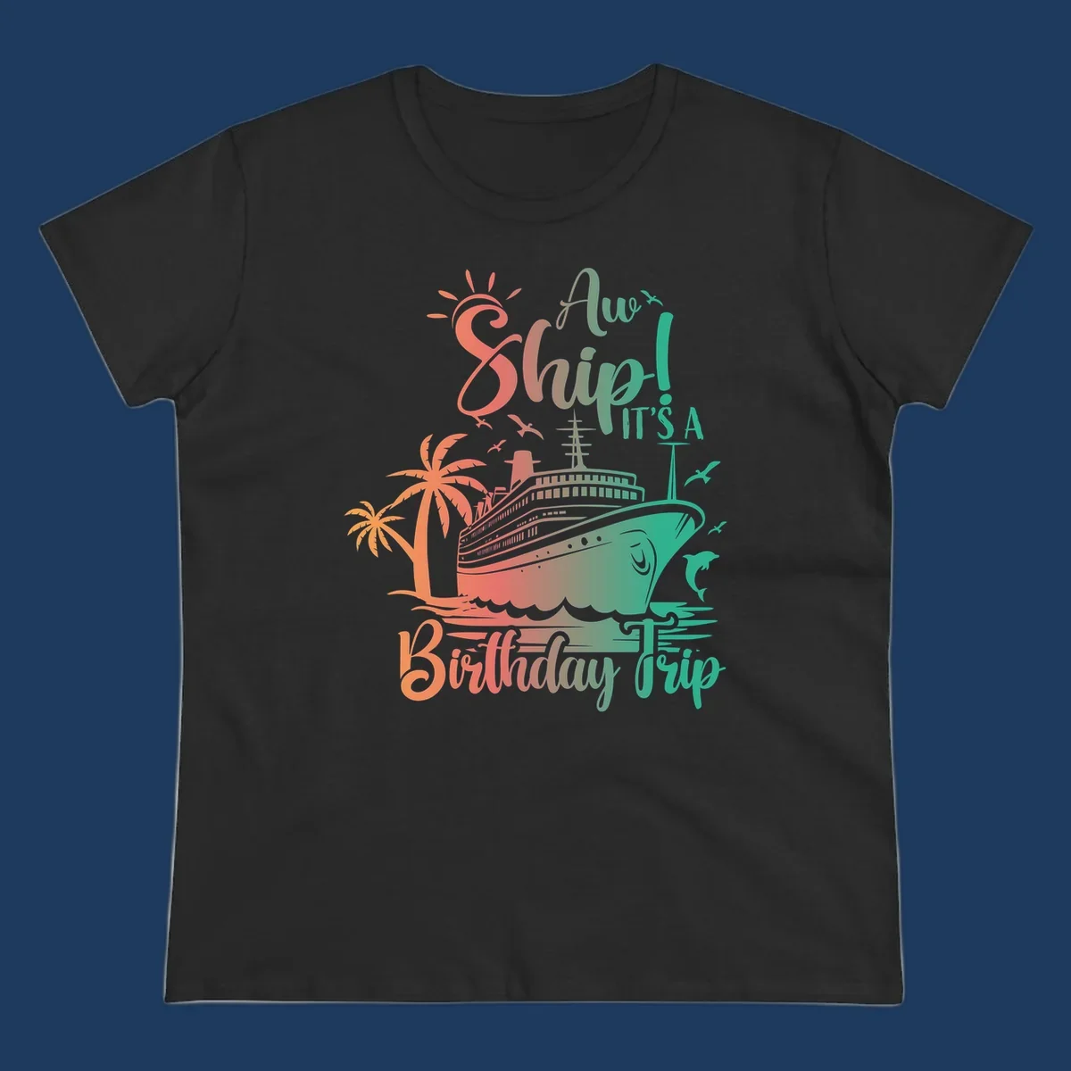 Cruise ship birthday trip design with tropical palm trees, sailing vessel, and playful text in coral and teal colors