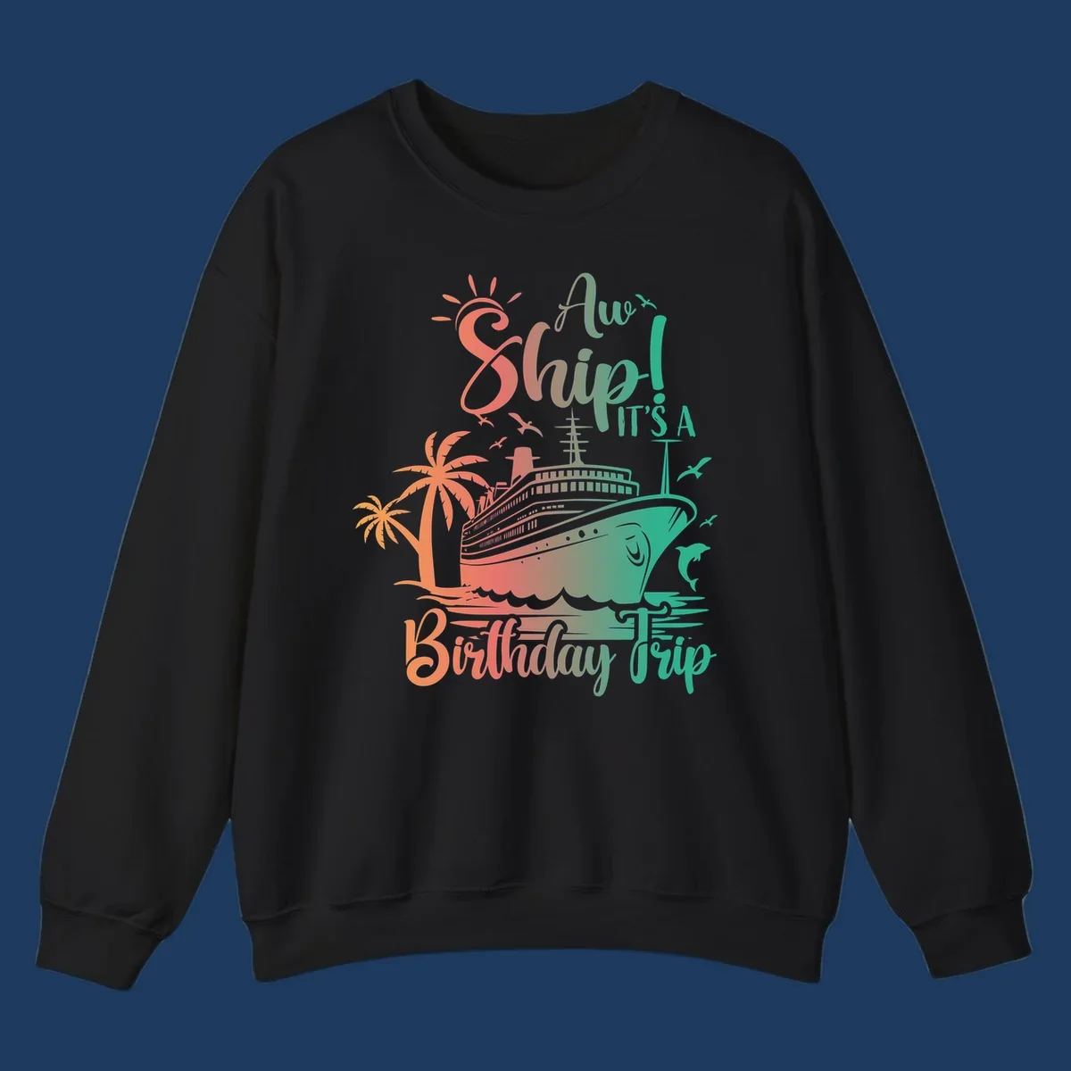 Cruise ship birthday trip design with tropical palm trees, sailing vessel, and playful text in coral and teal colors