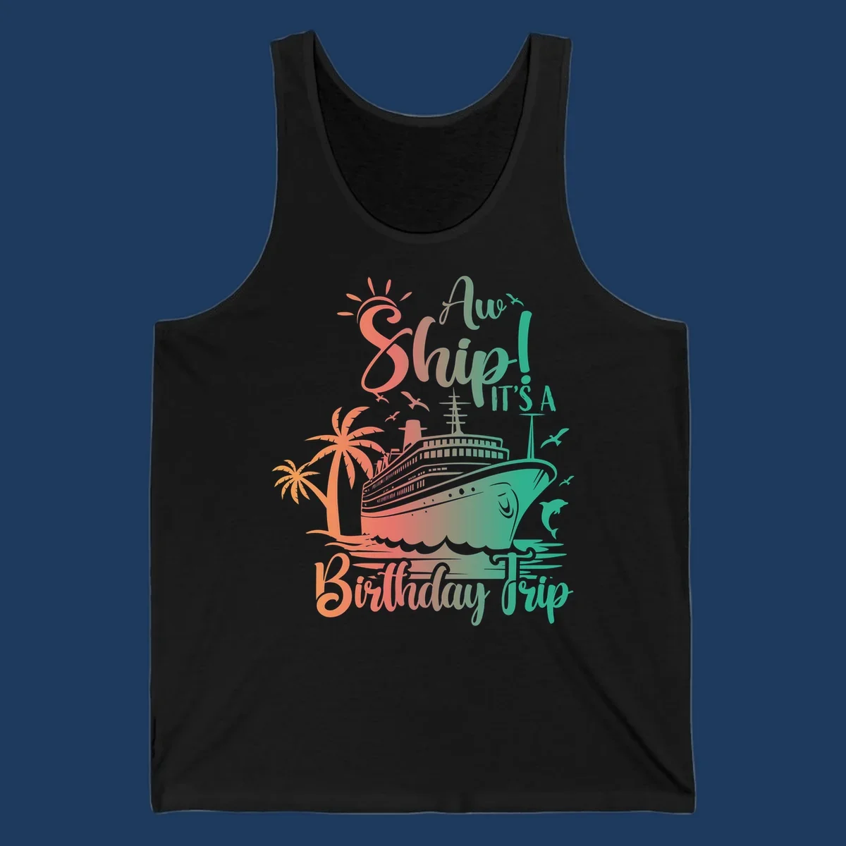 Cruise ship birthday trip design with tropical palm trees, sailing vessel, and playful text in coral and teal colors