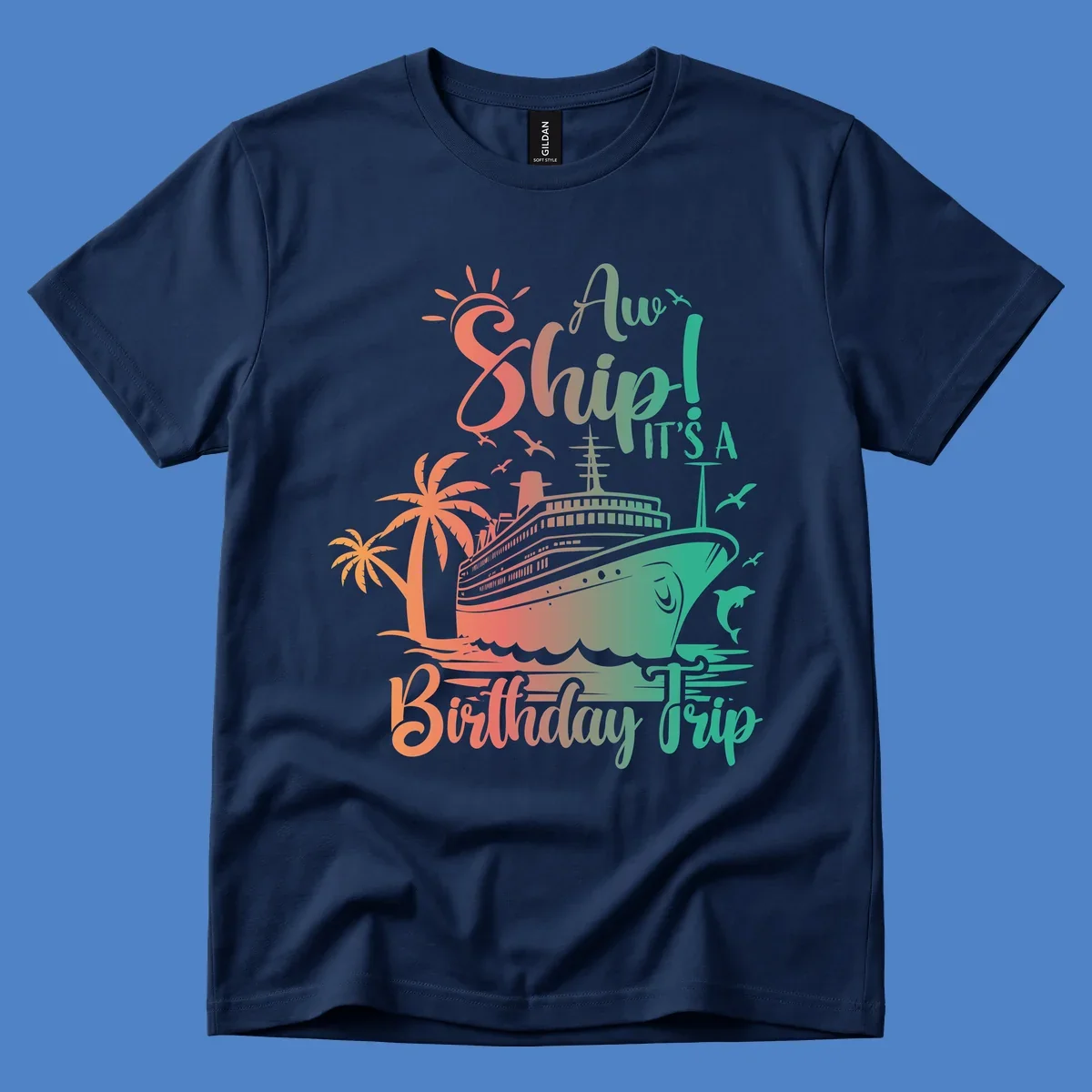 Cruise ship birthday trip design with tropical palm trees, sailing vessel, and playful text in coral and teal colors