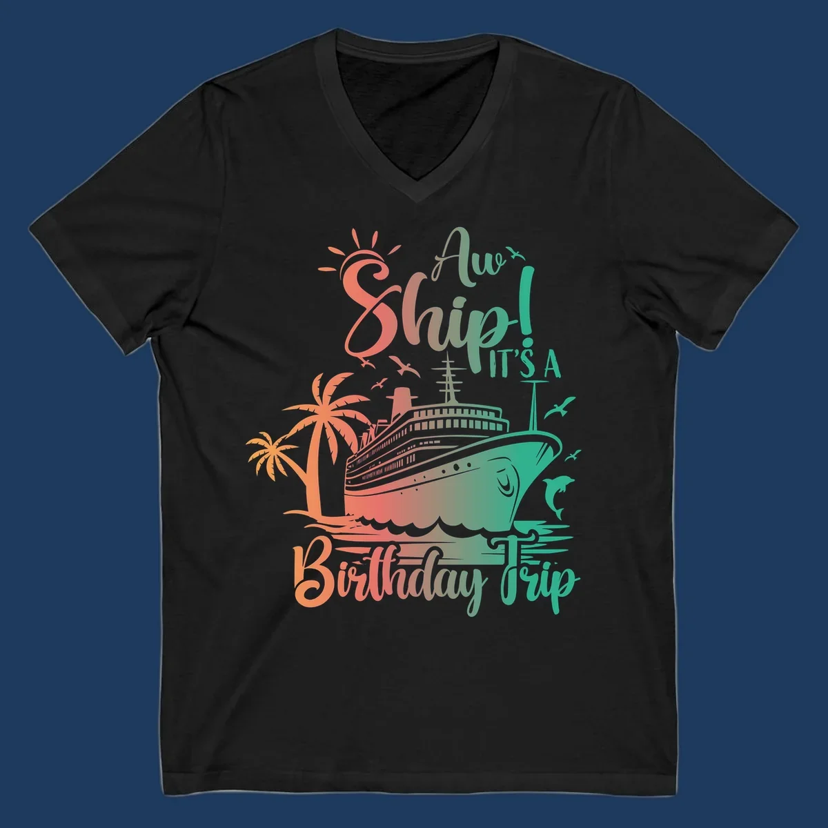 Cruise ship birthday trip design with tropical palm trees, sailing vessel, and playful text in coral and teal colors