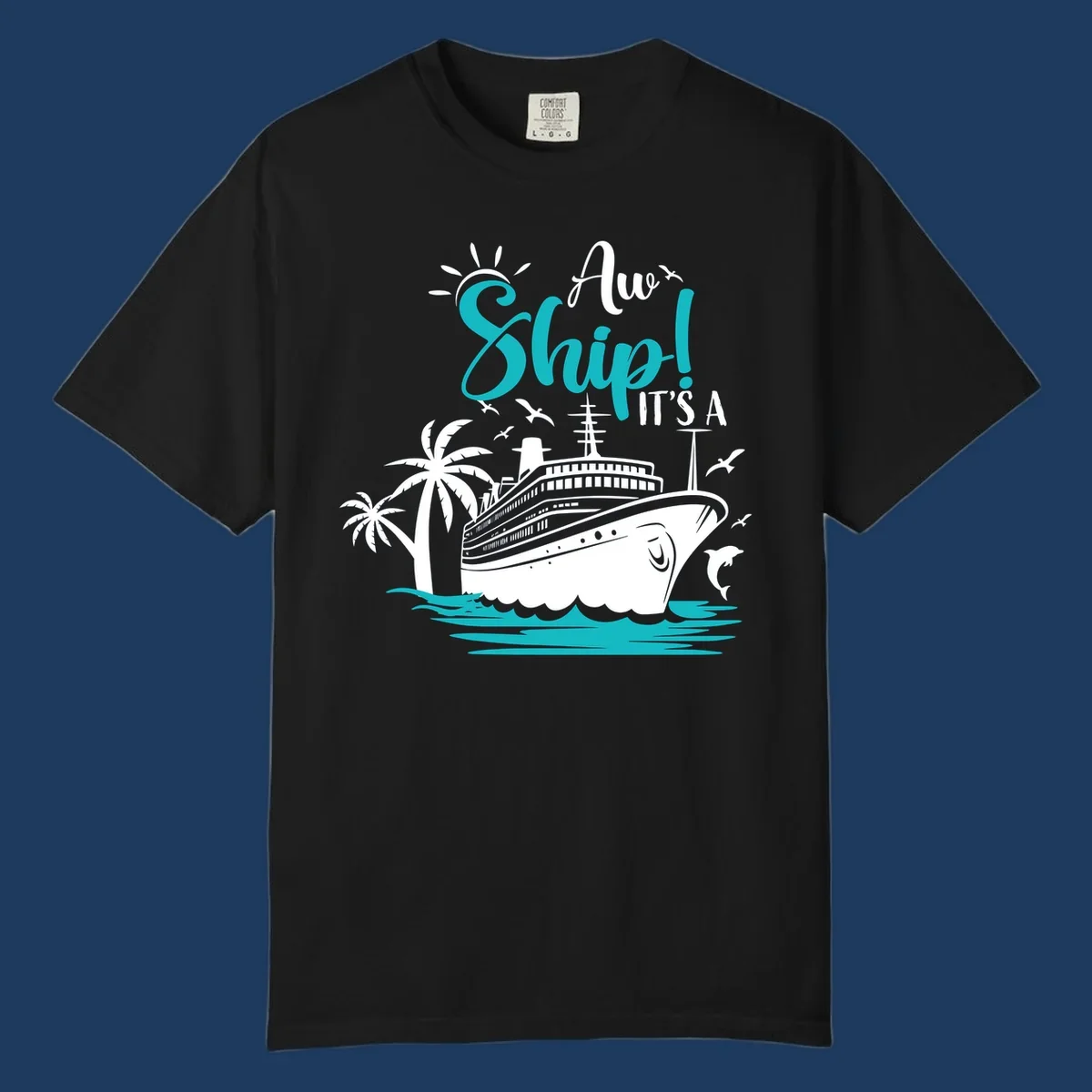 Aw ship it's a cruise design with ship, palm trees, waves, and seagulls in turquoise and white illustration