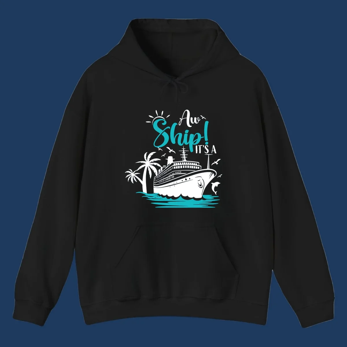 Aw ship it's a cruise design with ship, palm trees, waves, and seagulls in turquoise and white illustration