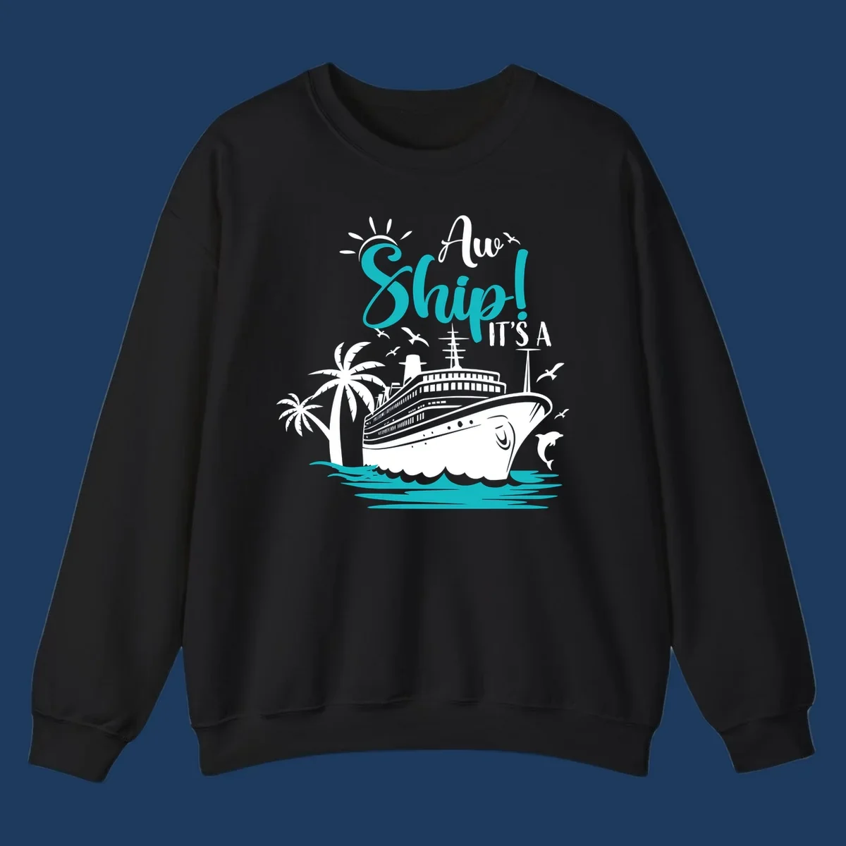 Aw ship it's a cruise design with ship, palm trees, waves, and seagulls in turquoise and white illustration