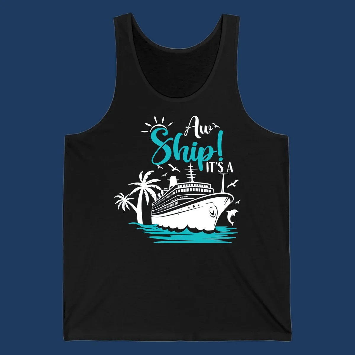 Aw ship it's a cruise design with ship, palm trees, waves, and seagulls in turquoise and white illustration
