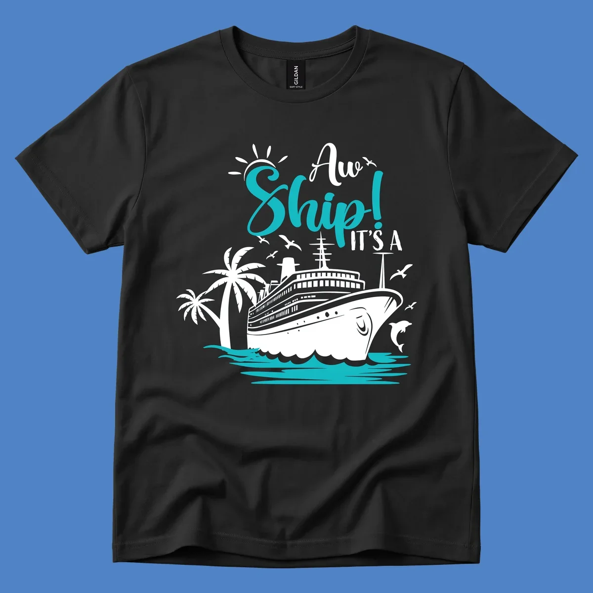 Aw ship it's a cruise design with ship, palm trees, waves, and seagulls in turquoise and white illustration